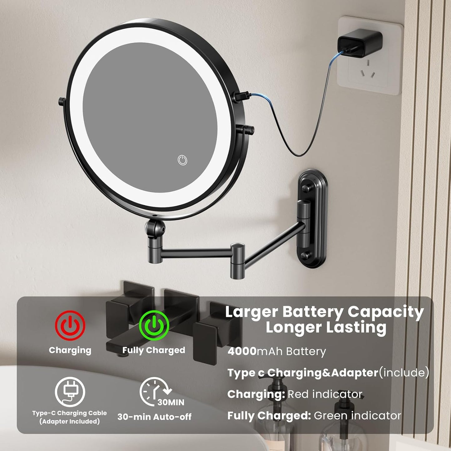 Rocollos 9-Inch Large Makeup Mirror with 30X Magnification, Rechargeable Wall Mounted Vanity Mirror with Lights, 3 Color Dimmable LED, Touch Screen & Retractable Arm-Black (9INCH-Black)
