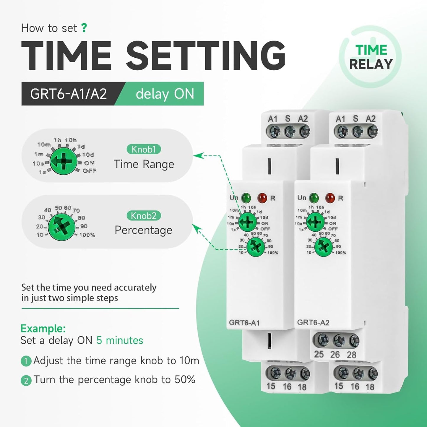 Delay On 10A Timer Relay, 24V Time Relay GRT6 A1 Voltage Range AC DC 24V to 240V DIN Rail Electronic Relays of Wide Time Delay Range for 0.1 Seconds to 10 Days