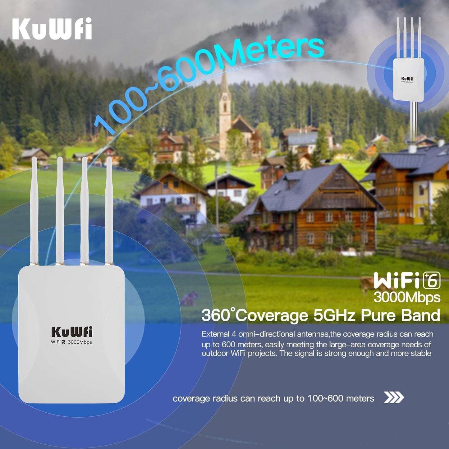 KuWFi AX3000 WiFi 6 Outdoor Access Point Repeater, Long Range Extender 100-300Meter Dual Band Gigabit, IP65 Waterproof, PoE Powered, Supports 256+ Devices for Business, Parties, Starlink