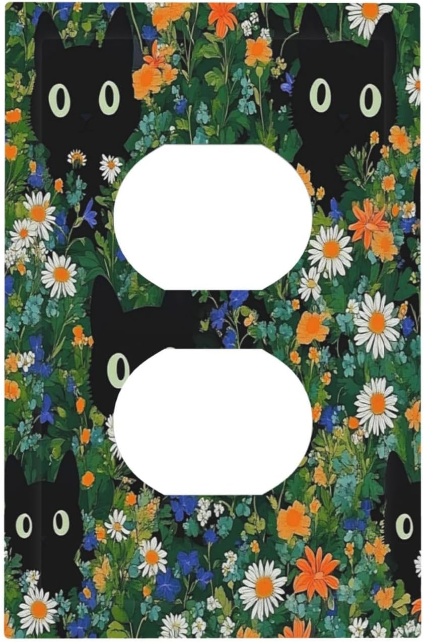 Boho Funny Black Cute Cats Daisy Wildflower Outlet Covers 1 Gang Duplex Light Switch Cover Decorative Switch Plates Electrical Receptacle Faceplate Wall Plate For Kids Room Bed Room Decor