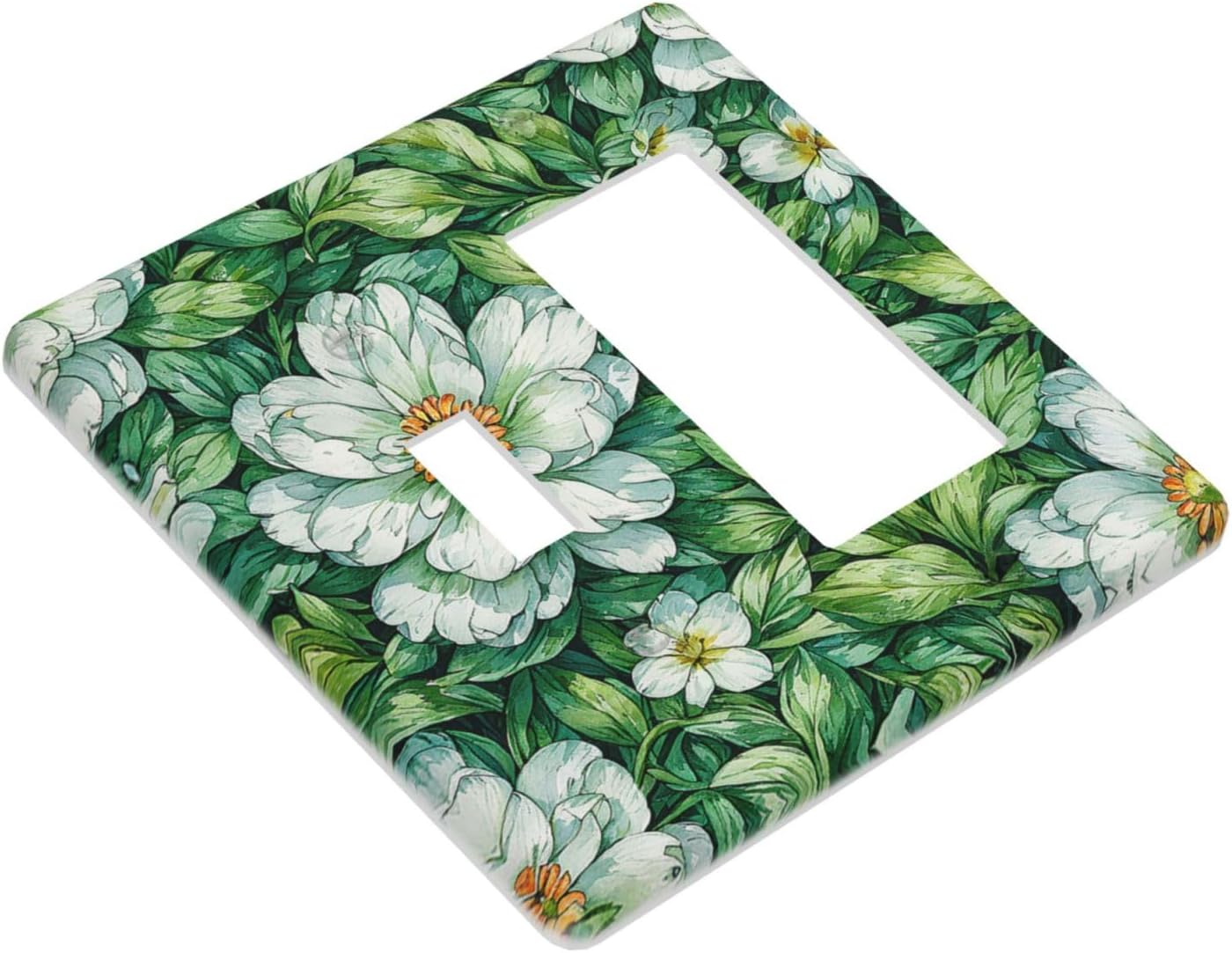 Vintage Floral White Flowers Green Plants Leaves Outlet Covers 1 Toggle 1 Rocker Combination Light Switch Cover Plate Decorative Wall Plate Electrical Switch Plates for Bedroom Bathroom