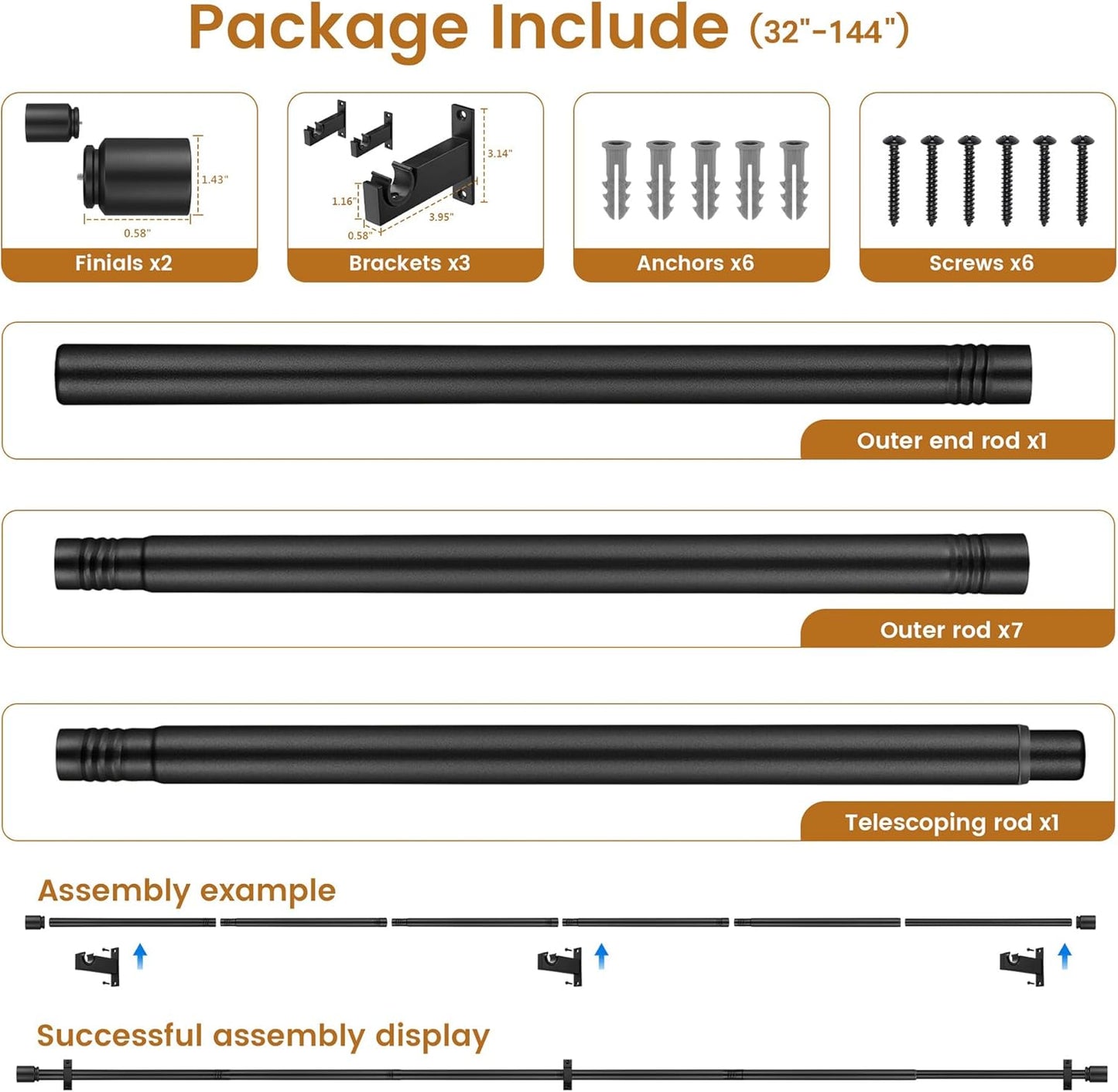 Black Aluminium Curtain Rods for Windows,1 Inch Adjustable Curtain Rod 72-144,Heavy Duty Drapery Rods with Thicken Bracket,Decorative Modern Single Rod with Aluminium Finials