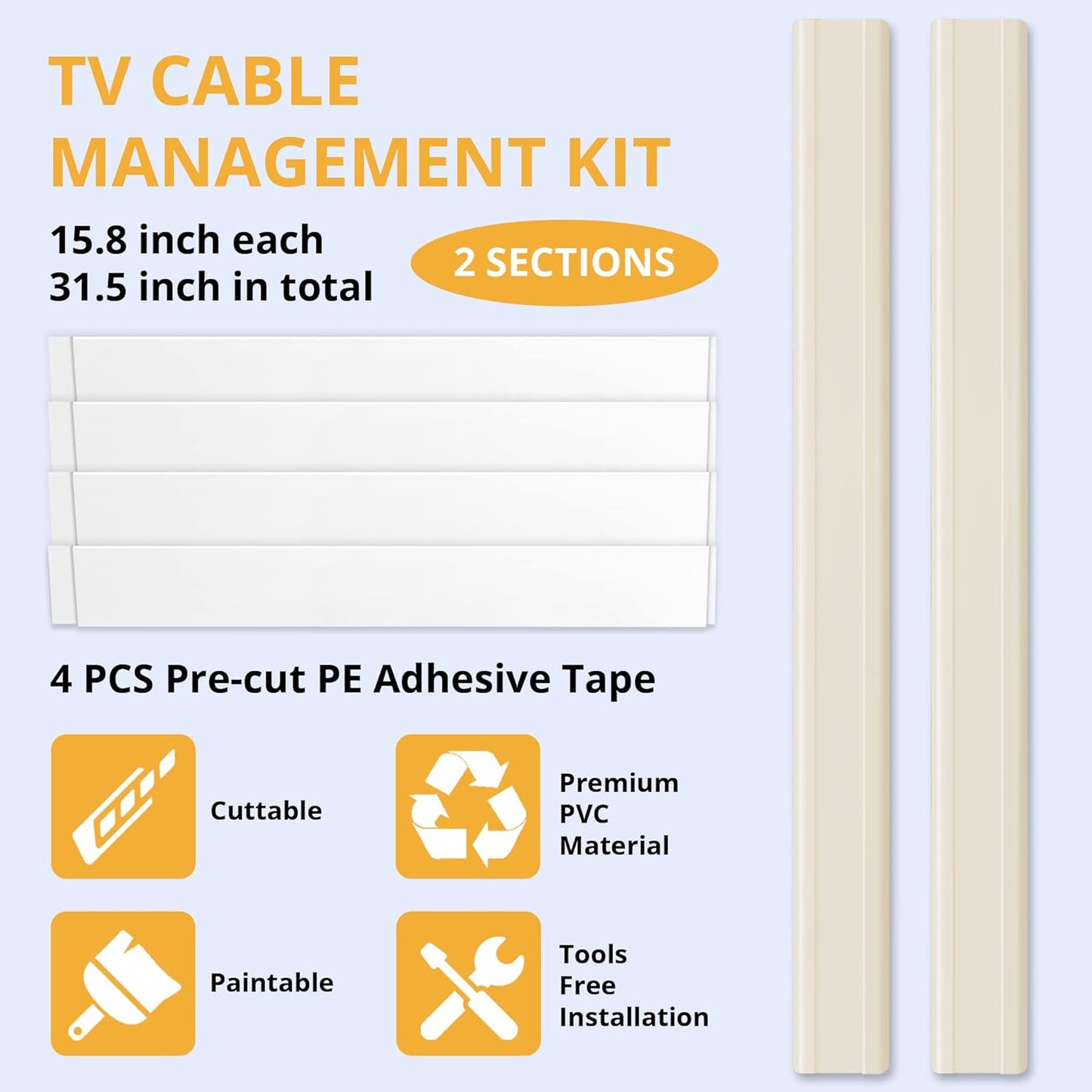 ZhiYo TV Cord Cover for Wall, 32 inch Cable Concealer, Cord Hider for Wall Mounted TV, Paintable Cable Cover to Hide Wires, Beige Wire Raceway Kit, 2X L15.8in W1.5in H0.75in