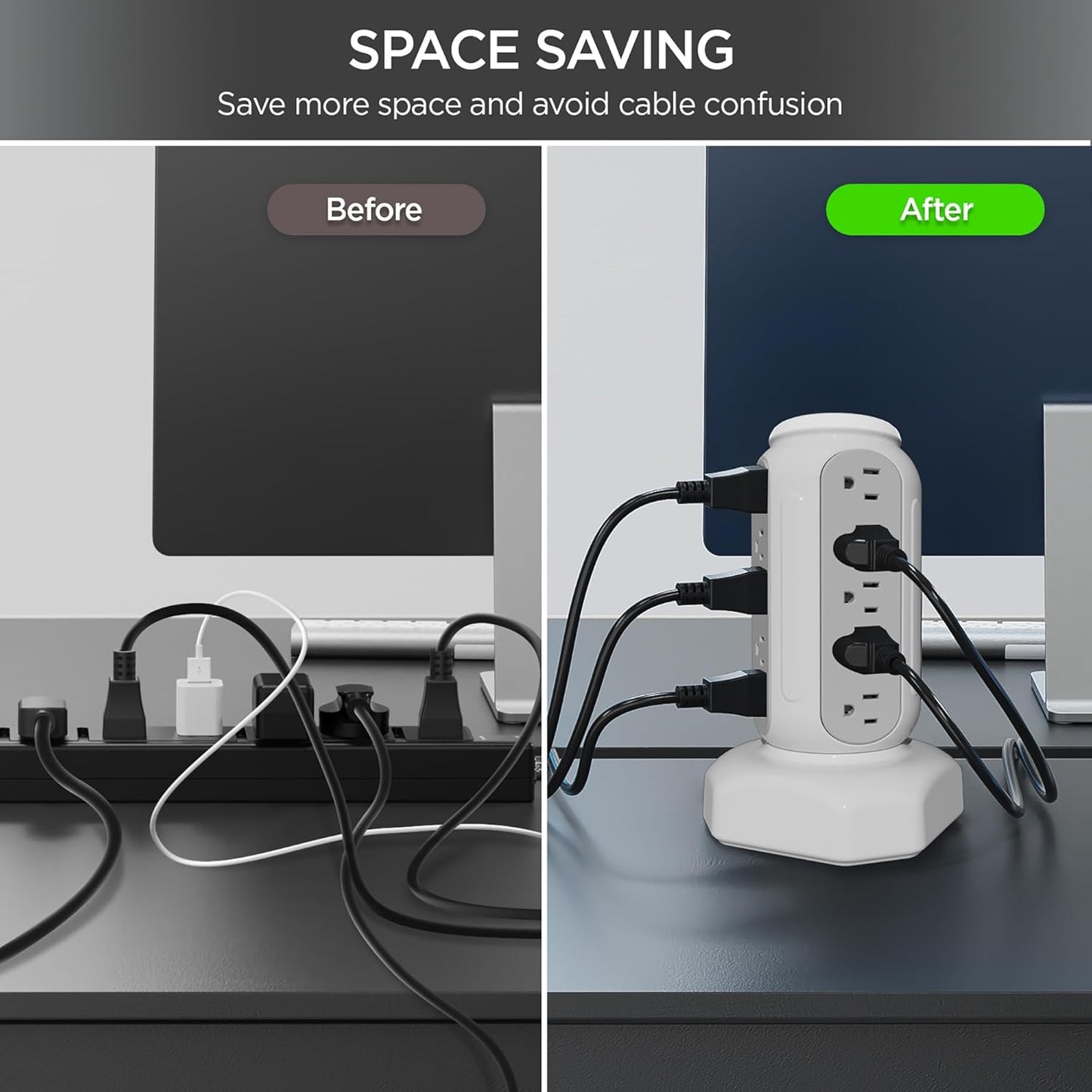 Power Strip Surge Protector Tower, 15 AC Outlets and 6 USB Ports with LED Light, Retractable Heavy Duty Extension Cord with Multiple Outlets, USB Charging Station with Right Flat Plug (White)