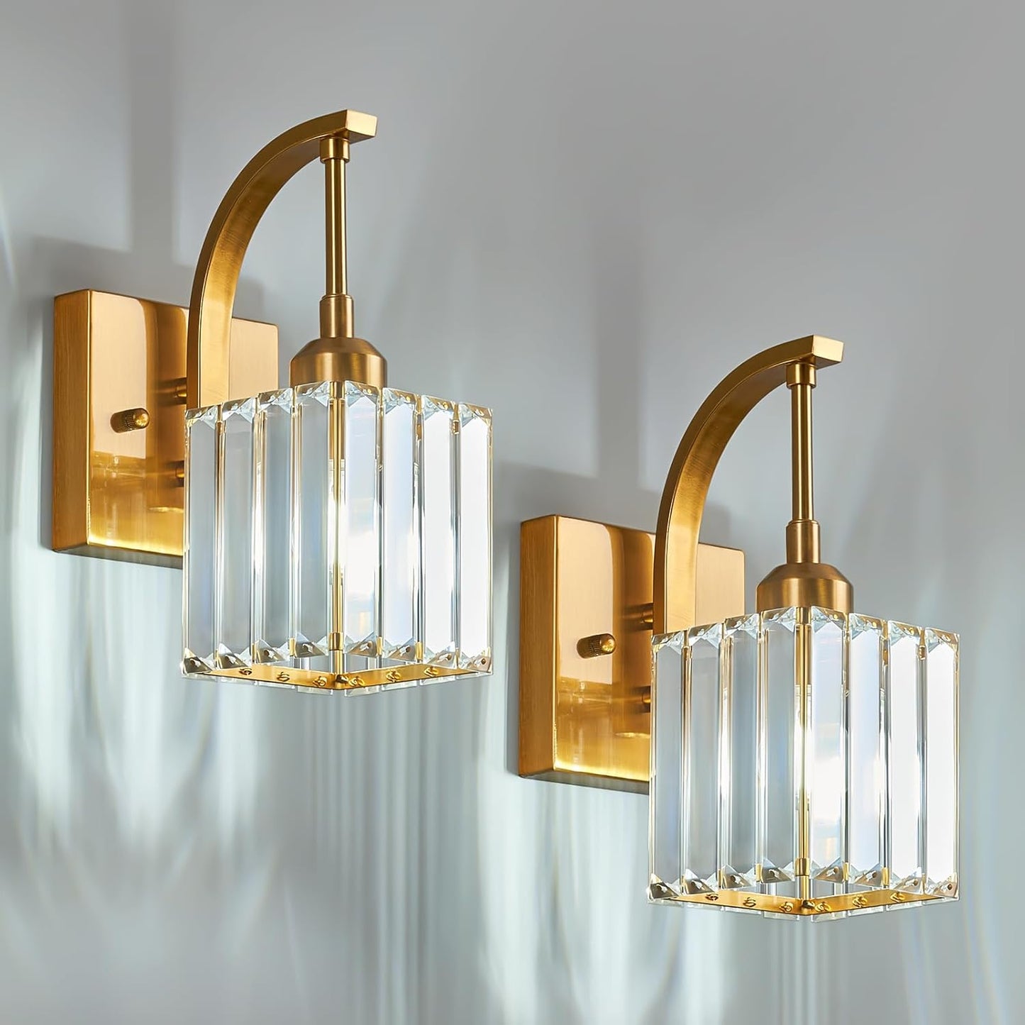 Wall Sconces, Set of 2 Gold Crystal Vanity Lights, Modern Wall Lamp for Bathroom, Hallway, and Makeup, Easy Installation