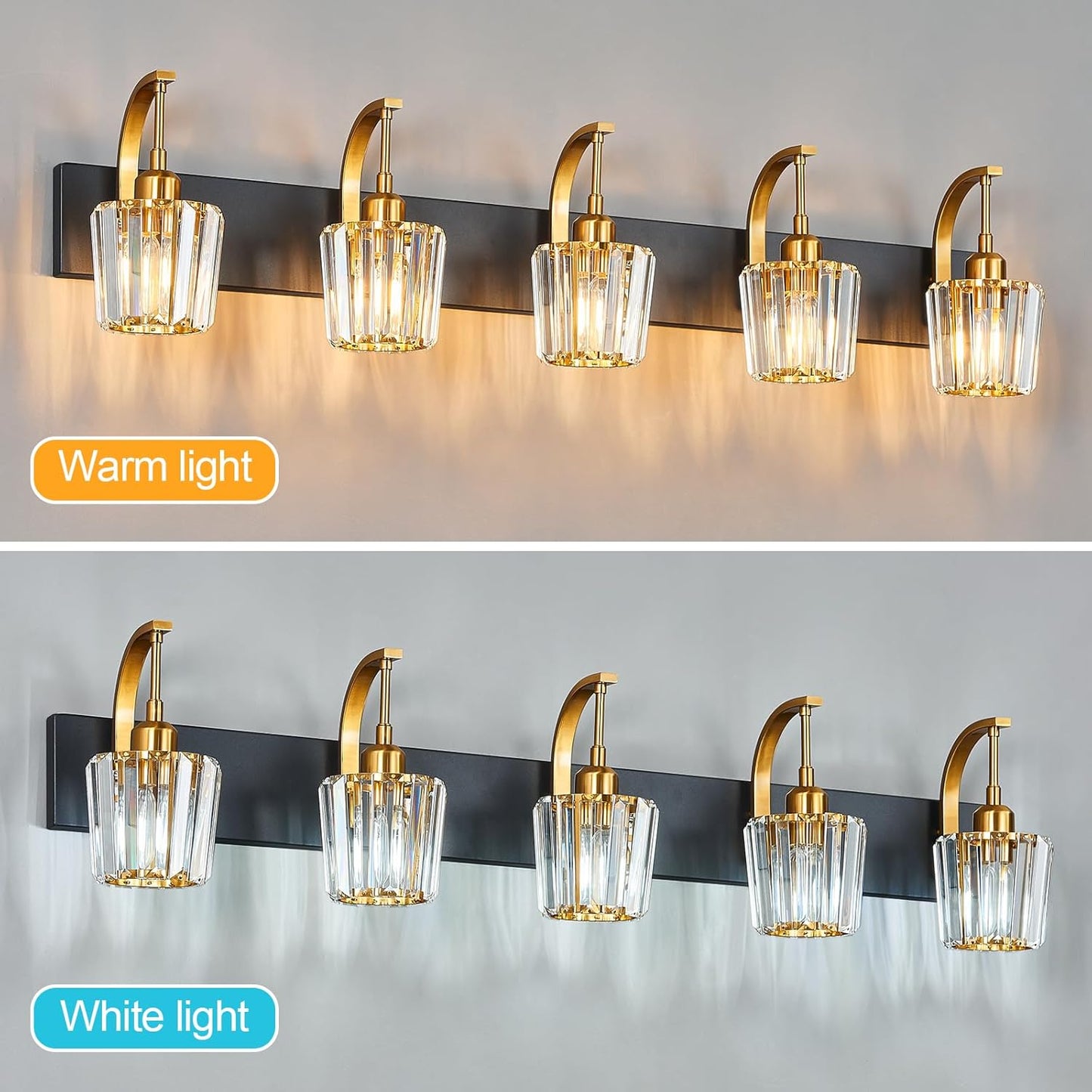 Modern Bathroom Vanity Light, 5-Light Black Gold Wall Sconce with Crystal Accents, Over Mirror Bathroom Lighting Fixture, 42.52" Long Dimmable Vanity Lamp for Makeup, Easy Installation