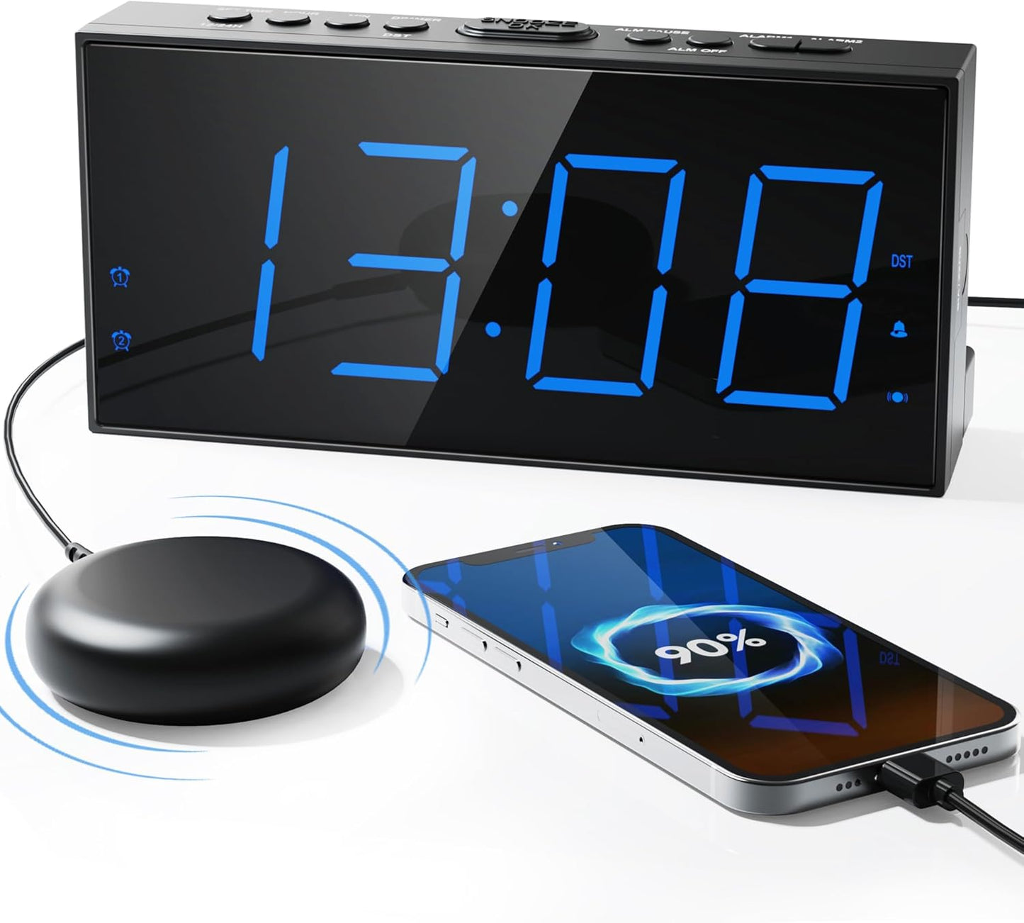 Roxicosly Loud Alarm Clock with Bed Shaker, Vibrating Alarm Clock for Heavy Sleepers/Hard of Hearing/Deaf/Teens, Dual Alarms with 7.5’’ Large LED Display, USB Charger, Dimmer, Snooze & Battery Backup