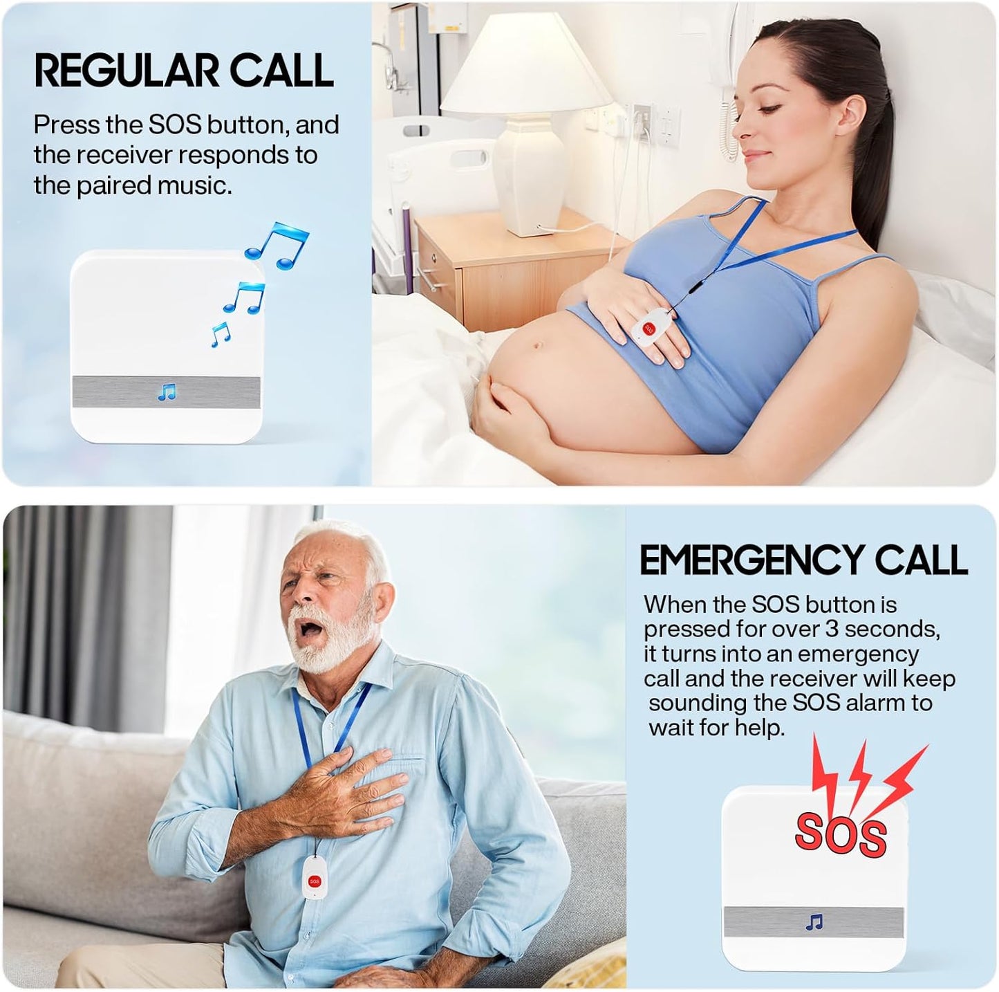 Caregiver Pagers Wireless Call Button for Elderly Patient Personal in Home Life Alert System for Seniors Range 260ft/80Menter,60 Ringtones (3 Call Buttons + 2 Receivers)