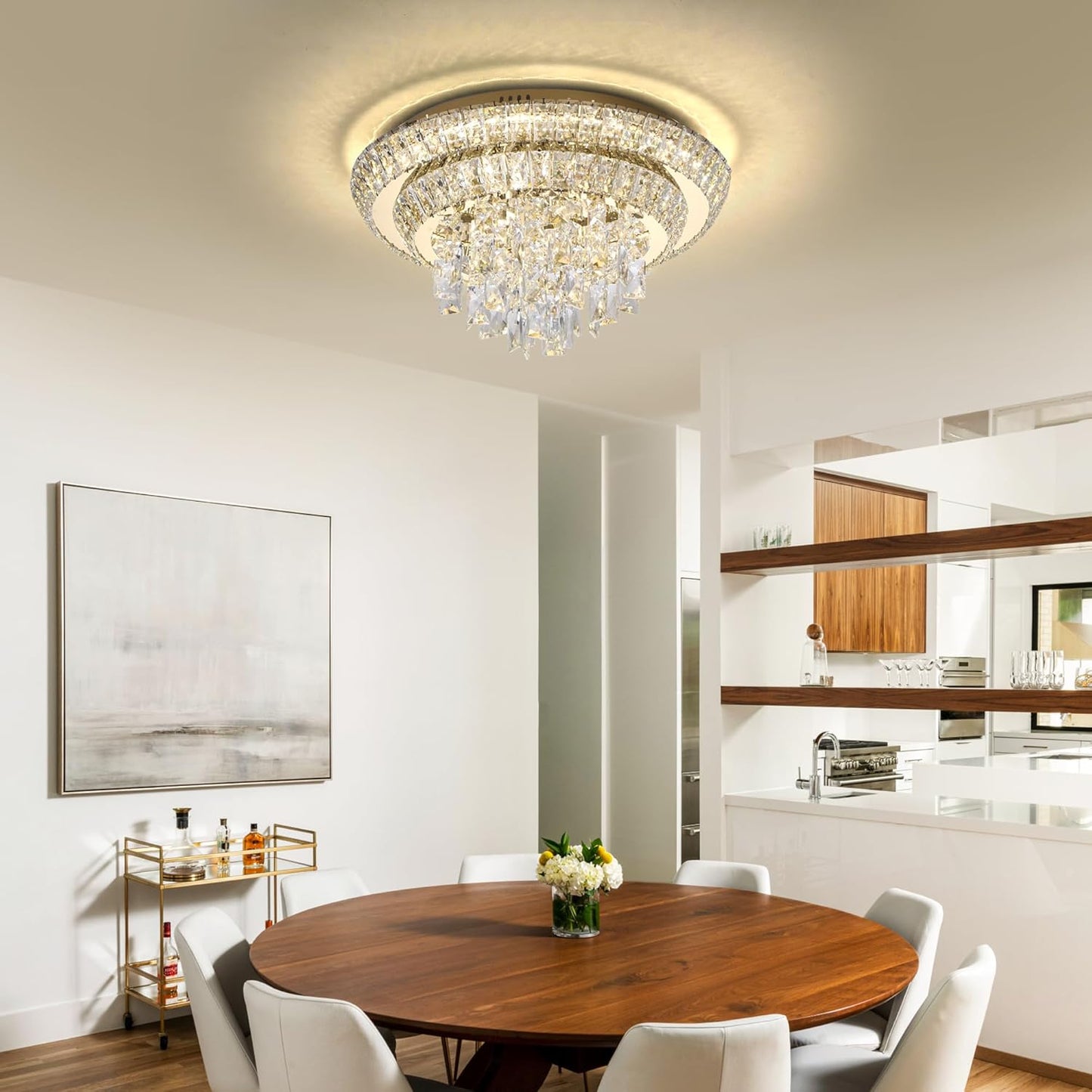 18 inch Flush Mount Crystal Chandeliers with Remote and App Gold, Modern Elegant LED Crystal Raindrop Ceiling Light Fixture, 3CCT Dimmable, for Living Room Kitchen Island Bedroom Entryway Foyer