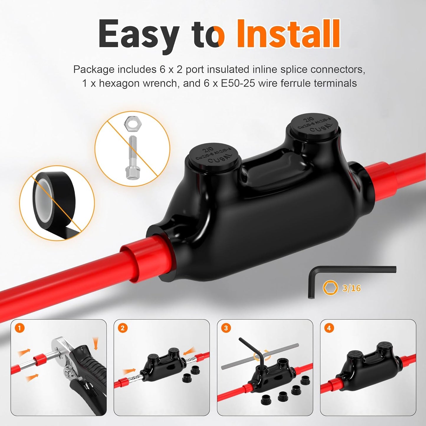 Joinfworld Insulated Inline Splice Connector 2/0-6 Gauge Aluminum to Copper Wire Connectors 6 AWG Splice Aluminum Wire Connectors UL Listed with Slotted Allen Hex - 6 Pack