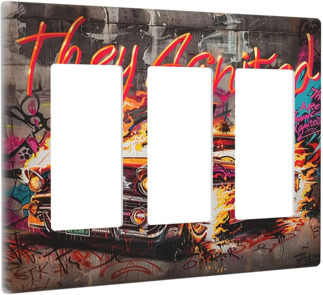 Light Switch Covers Hip Hop Street Graffiti Flame Car 3 Gang Rocker Electrical GFCI Decorative Triple Outlet Wall Plate Cover Switchplate for Bedroom living Room Decor