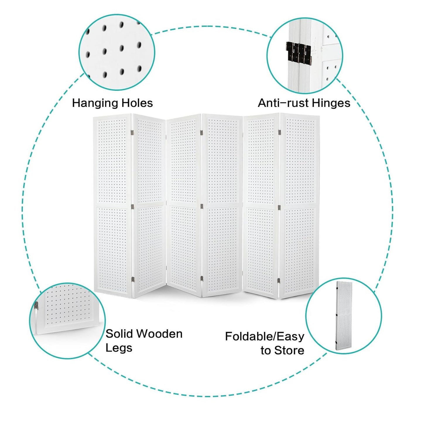 Babion 6 Panel Pegboard Display, Freestanding Folding Privacy Screens for Craft Shows (White)
