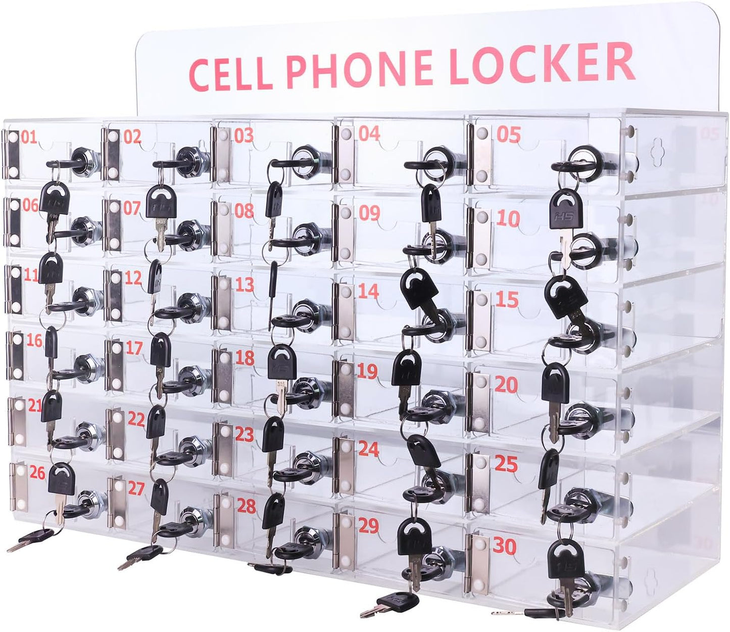 30 Slots Clear Cell Phone Locker,Acrylic Cell Phone Organizer Phones Storage Cabinet Wall Mounted with Door Locks Keys for Factory Office School 12.9X20.6X7.2inch