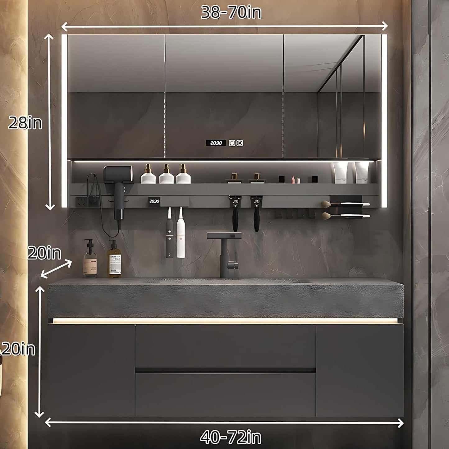 Modern Bathroom Vanity – Cabinet Set with LED Smart Defogging Mirror & Time Display | Bathroom Vanity with Sink, Large Space Storage with Easy Installation, 2 Drawers (Grey, 60IN)