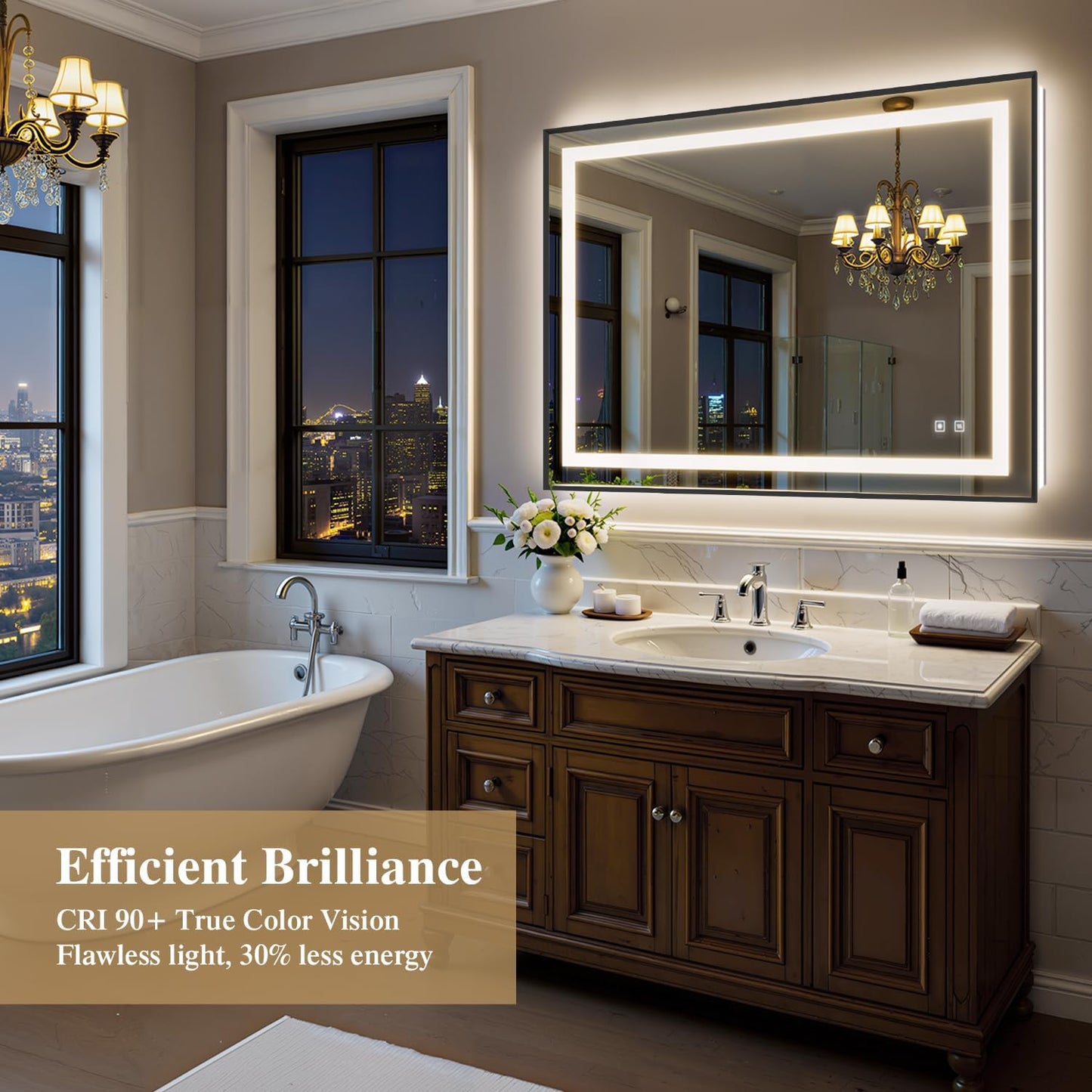 48X36 Inch LED Bathroom Mirror with Lights, Black Frame Frontlit+ Backlit Bathroom Vanity Mirror for Wall, Ultra-Clear Tempered Glass, Shatter-Proof, Anti-Fog and Memory Function, ETL Listed