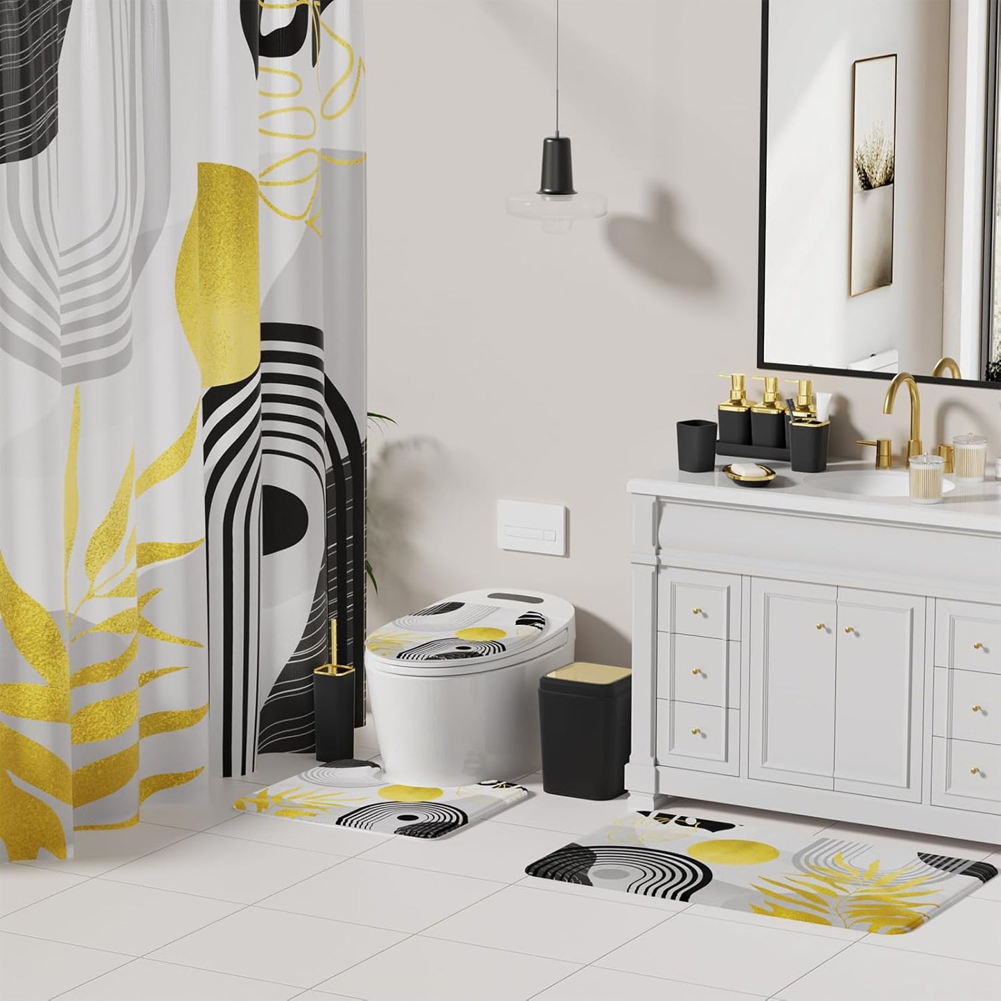 Bathroom Set - Bathroom Sets with Shower Curtain and Rugs, Bathroom Accessory Set, Black Bathroom Accessories Set with Trash Can, Toilet Brush and Soap Dispensers