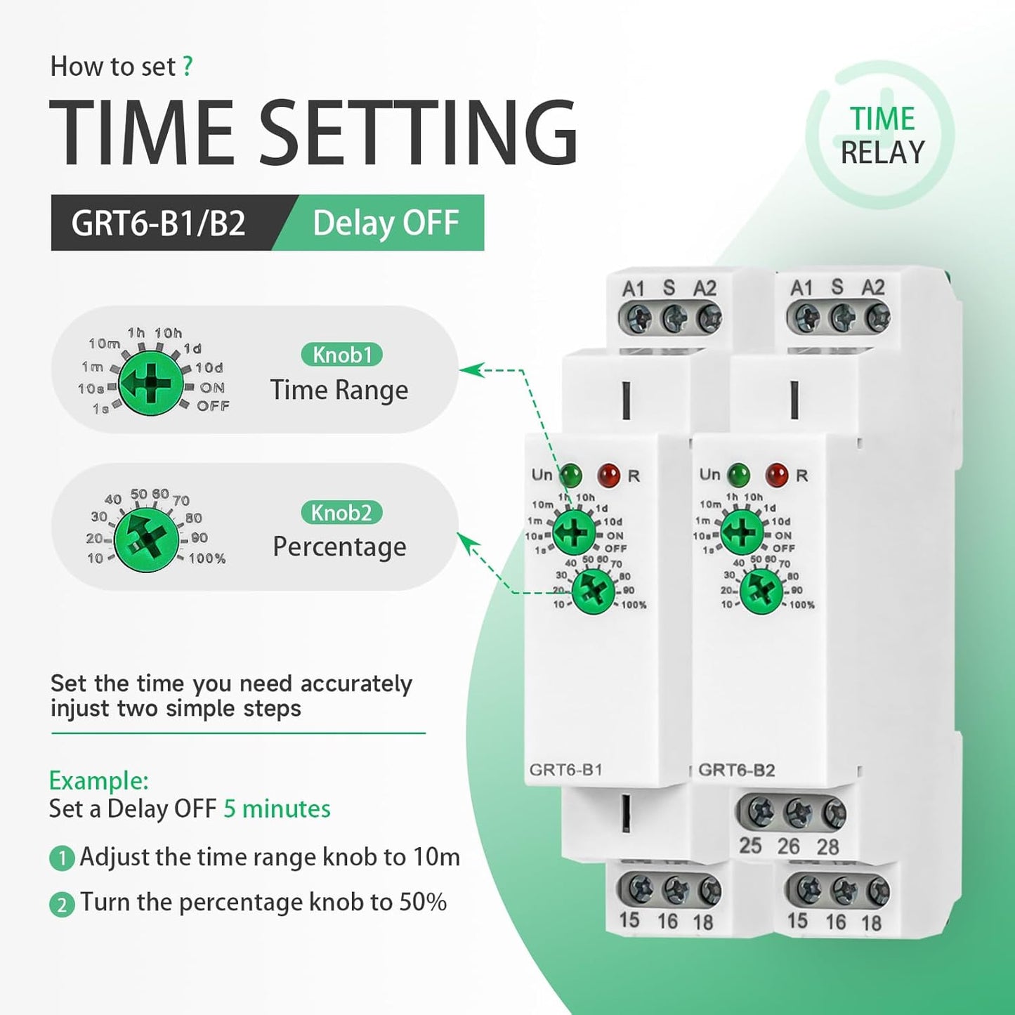 Delay Off Time Relay GRT6-B2 10A Adjustable Smart Relay, Delay Turn Off Electronic Timer in Din Rail, 0.1s-10 Days Wide Range Delay Factory Automation Time Universal Voltage AC DC 24V 240V