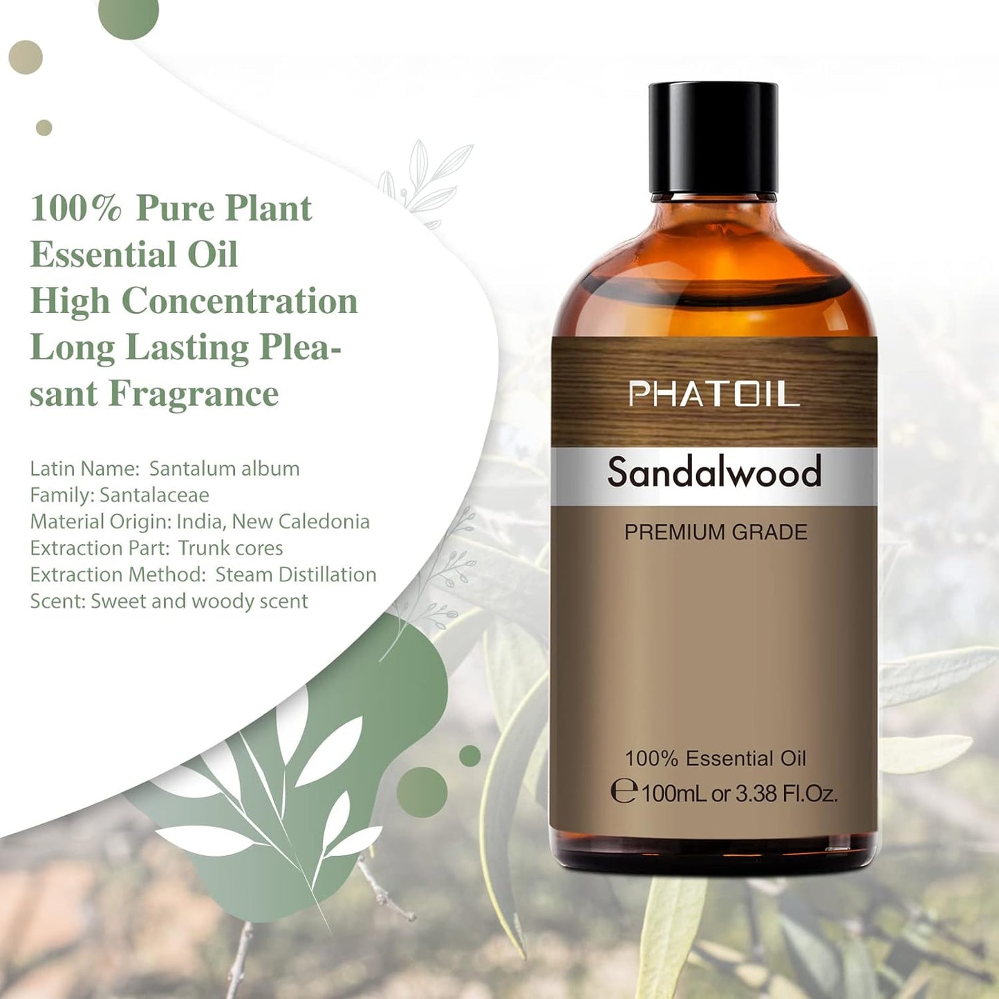 PHATOIL 3.38FL.OZ Sandalwood Fragrance Oils for Aromatherapy, Essential Oils for Diffusers for Home, Perfect for Diffuser, Yoga, Skin Care, DIY Candle and Soap Making - 100ml