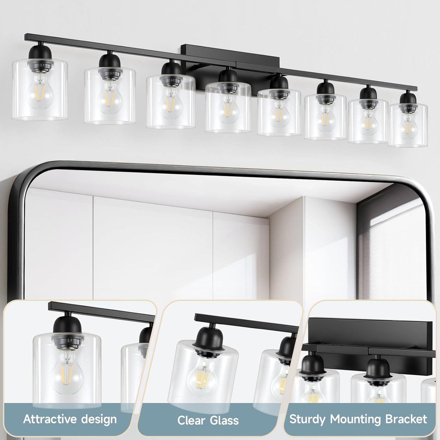 Modern 8 Light Bathroom Light Fixtures, 52 inch Vanity Lights for Bathroom with Clear Glass, Black Bathroom Light Fixture for Mirror Kitchen Living Room Hallway Cabinet Porch