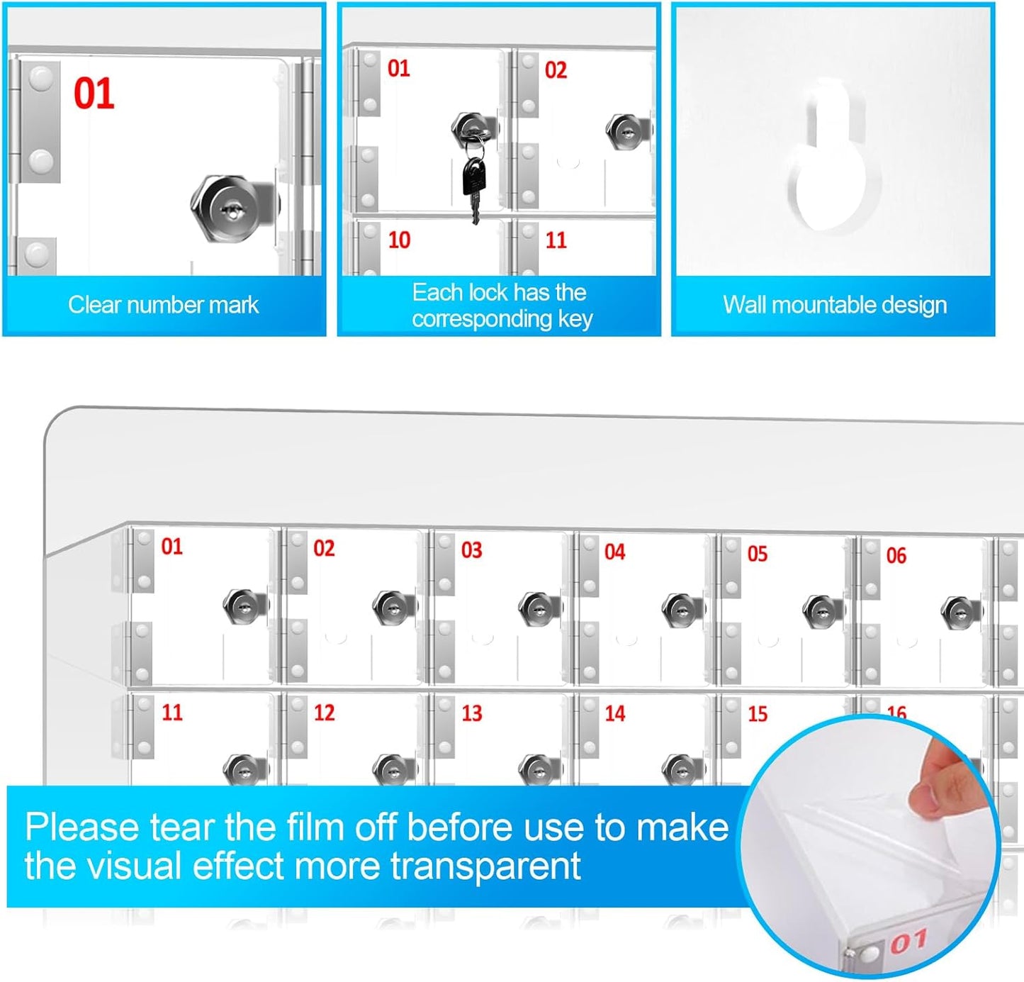 60 Slots Clear Acrylic Cell Phone Locker Box Wall-Mounted with Keys, Lockable Secure Storage Cabinet for Classroom Office Gym, Multi-Use Phone Lock Organizer for Employees Students (Large)