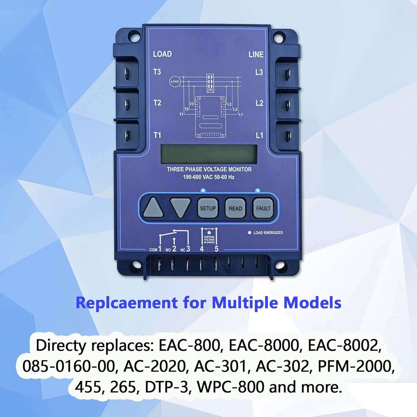 ICM450A 3-Phase Voltage Monitor with Backlit LCD, 190-600V AC, 25-Fault Memory, Programmable Relay, Replacement for ICM450A, EAC-800, PFM-2000