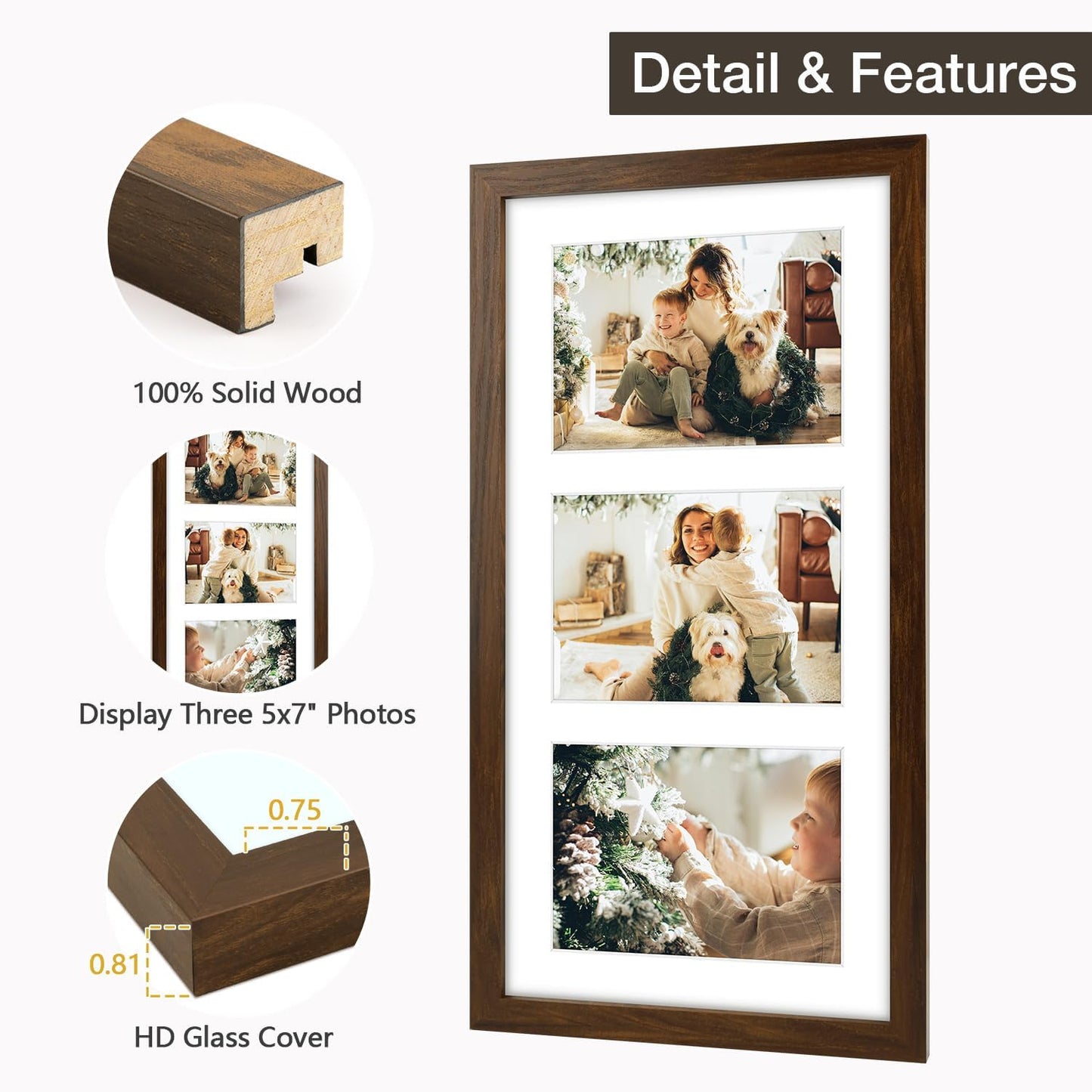 Golden State Art Three 5x7 Collage Picture Frame - Solid Wood with Tempered Glass - Multi Picture Frame Display Three 5x7 Photos with Mat - or One 9x18 Frame Without Mat for Wall Decor, Brown