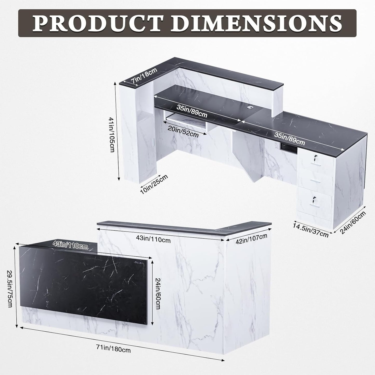 L-Shaped Modern Reception Desk with Counter & Storage - 71"/84" Large Office Front Desk, Salon Checkout Counter with Lockable Cabinets, Shelves & Drawers (Black & White, Left - 71''L x 34''W x 41''H)
