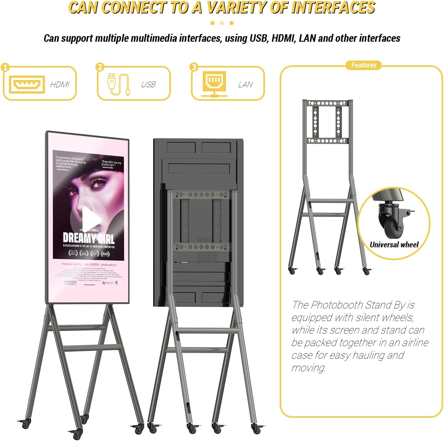 MWE Mobile Digital Signage Display 43in,Portable UHD Touchscreen Advertising Display Kiosk Poster App Publishing,Video Photo Booth Standby Series Screen Mirroring (NonTouch Screen, Metallic, 43in)