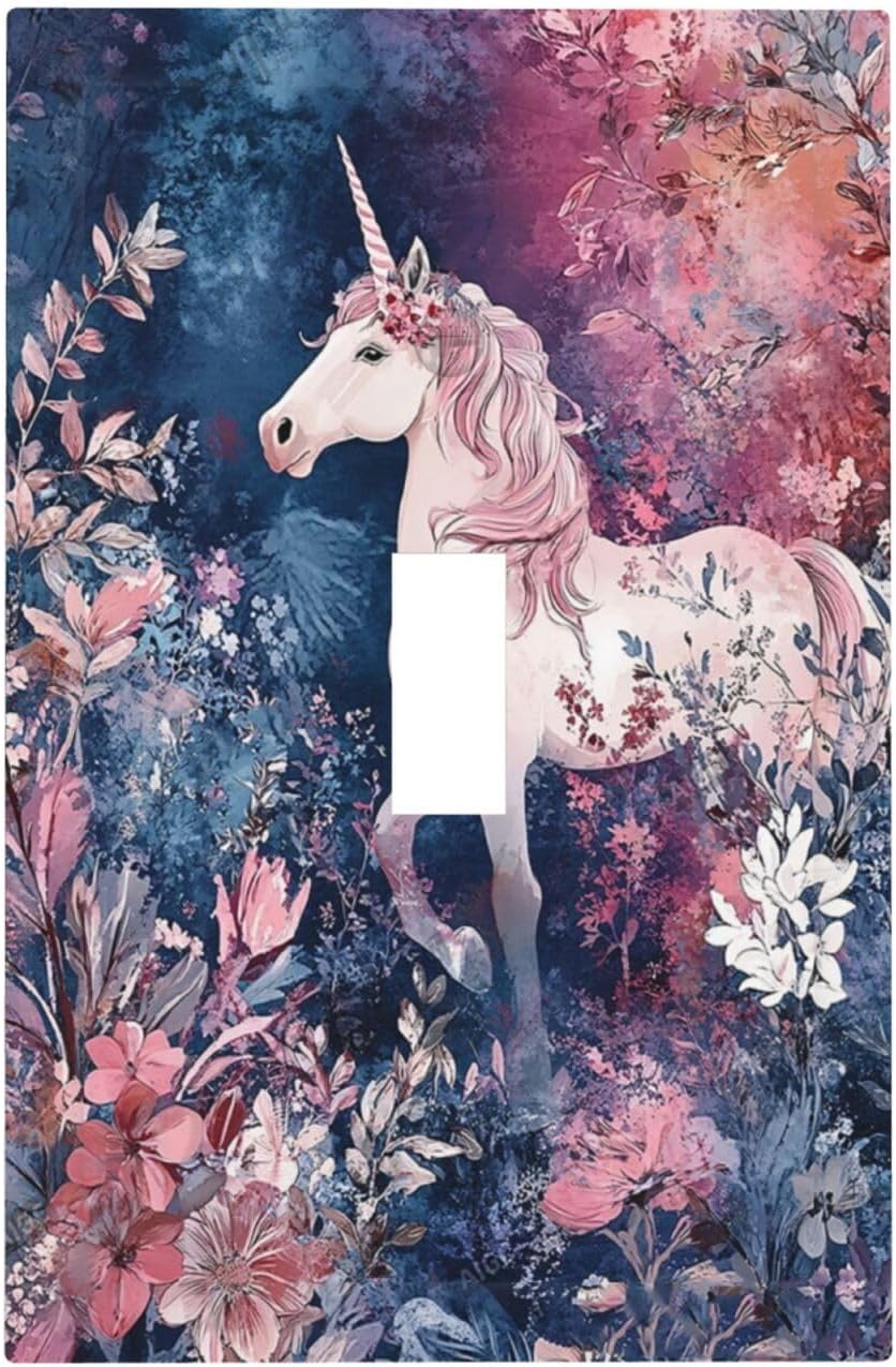 Decorative Light Switch Cover Plate Fantastic Pink Unicorn Wildflower Forest 1 Gang Single Toggle Wall Plate Electrical Outlet Covers Decorate Switch Plate Cover for Bedroom Kids room Decor