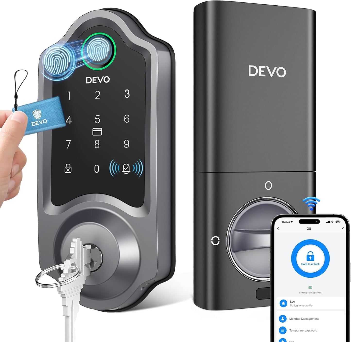 DEVO G8 Smart Lock with Doorbell - 6-in-1 Fingerprint Keyless Entry Deadbolt, Built-in Wi-Fi & APP Control, IP54 Waterproof Auto-Lock for Front Door Security, Easy Install (BHMA Certified)