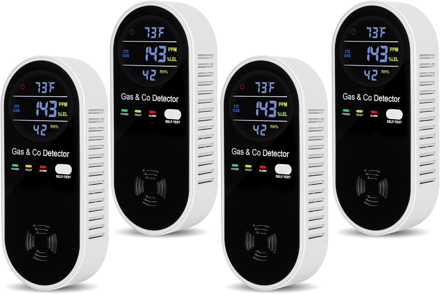 4 Packs Carbon Monoxide Detectors Plug in, 4-in-1 Natural Gas Leak Detector & Carbon Monoxide Detectors with Temperature & Humidity, Natural Gas Detectors for Home/Apartment/RV