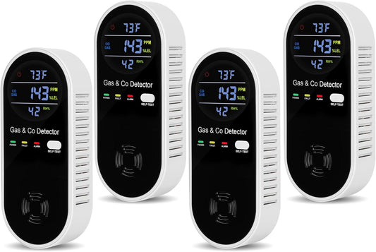 4 Packs Carbon Monoxide Detectors Plug in, 4-in-1 Natural Gas Leak Detector & Carbon Monoxide Detectors with Temperature & Humidity, Natural Gas Detectors for Home/Apartment/RV