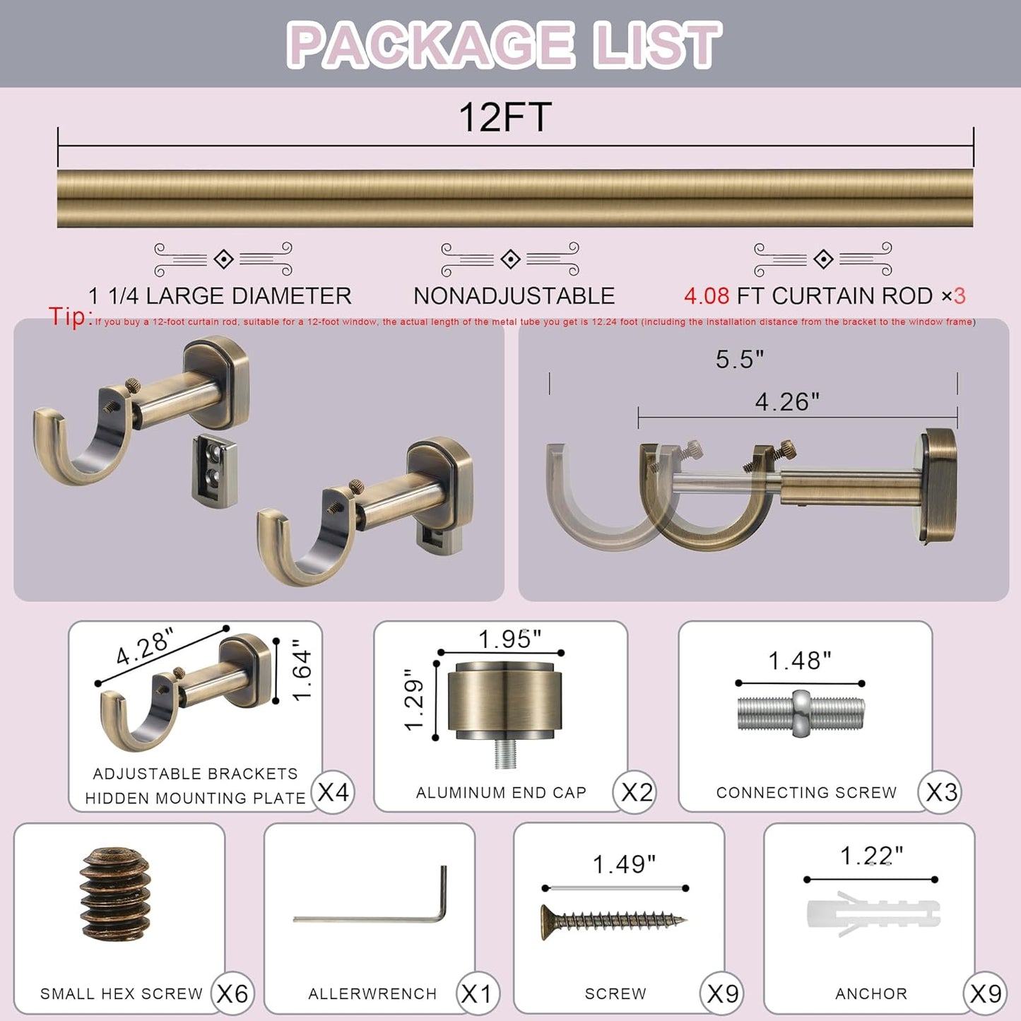 Heavy Duty Curtain Rods,1 1/4" Large Diameter Premium Nonadjustable Curtain Rod,144in/12ft Custom Window Treatment Rods with Durable Aluminum Brackets and End Caps,Antique Bronze Finish