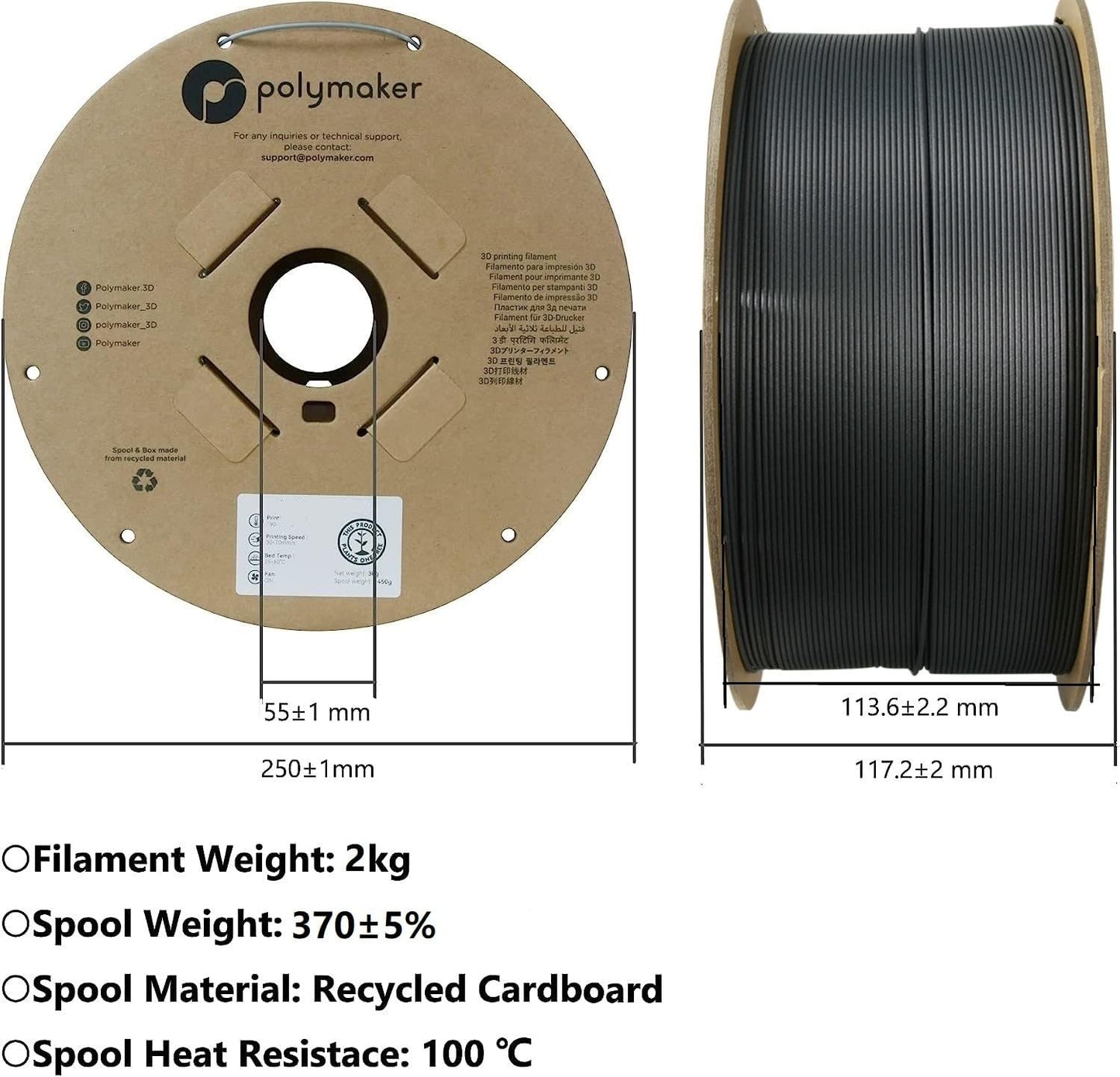 Polymaker PA6-GF Nylon Filament 1.75mm 2kg Grey Glass Fiber Nylon 3D Printing Filament - PolyMide PA6-GF Warp Free 3D Printer Filament