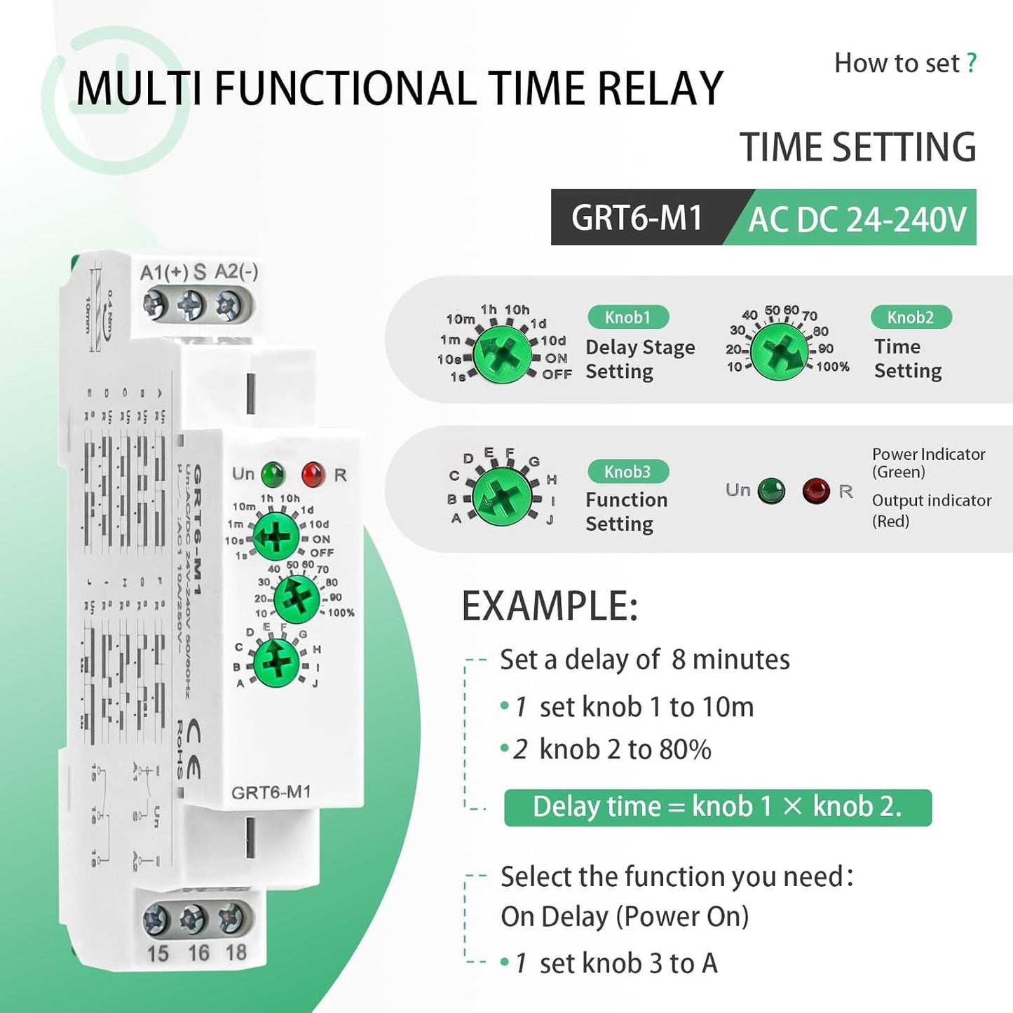 Multifunction Time Relay, Delay ON Off 10A GRT6 M1 AC DC 24-240V with 10 Relay Timer Control Delay Function Mode DIN Rail Electronic Relays of Wide Time Delay Range for 0.1 Seconds to 10 Days