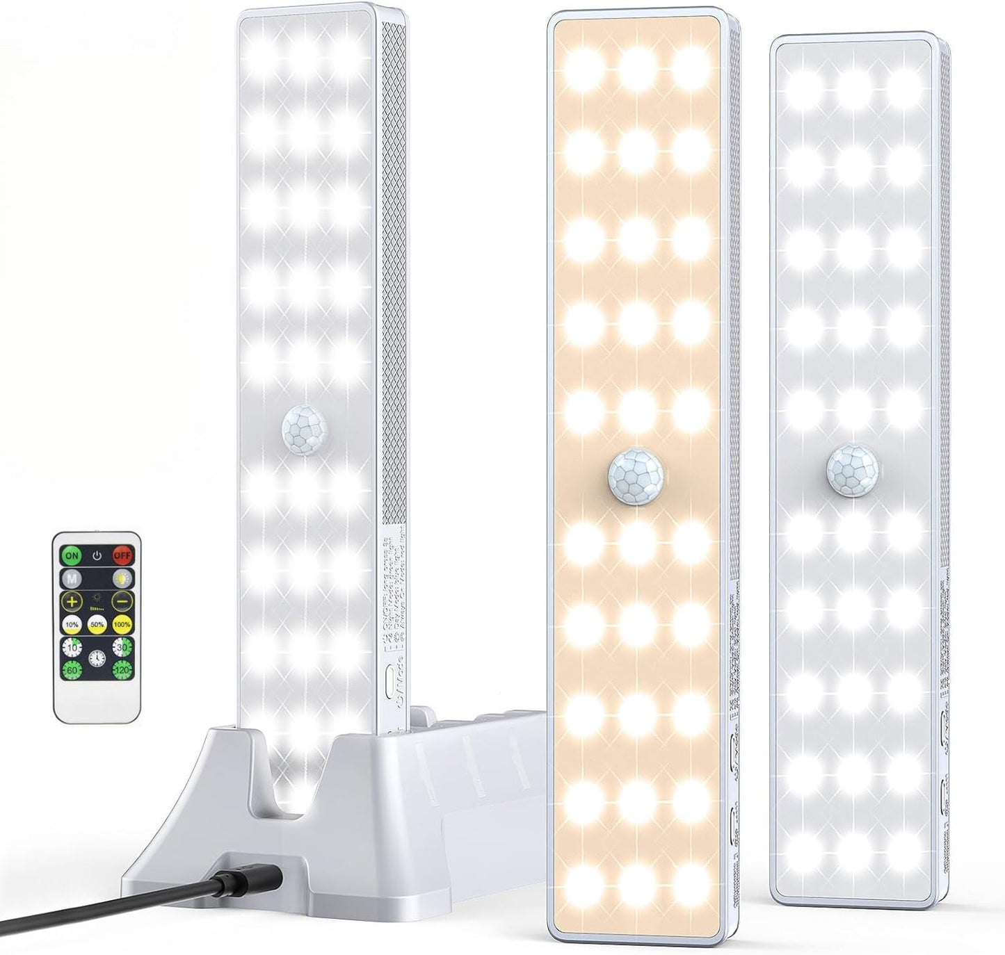 LED Closet Light with Charging Station, 3 Pcs 3 Color Temperatures 30LEDs Dimmer Rechargeable Motion Sensor Under Cabinet Lighting, Stick-on Night Light for Kitchen