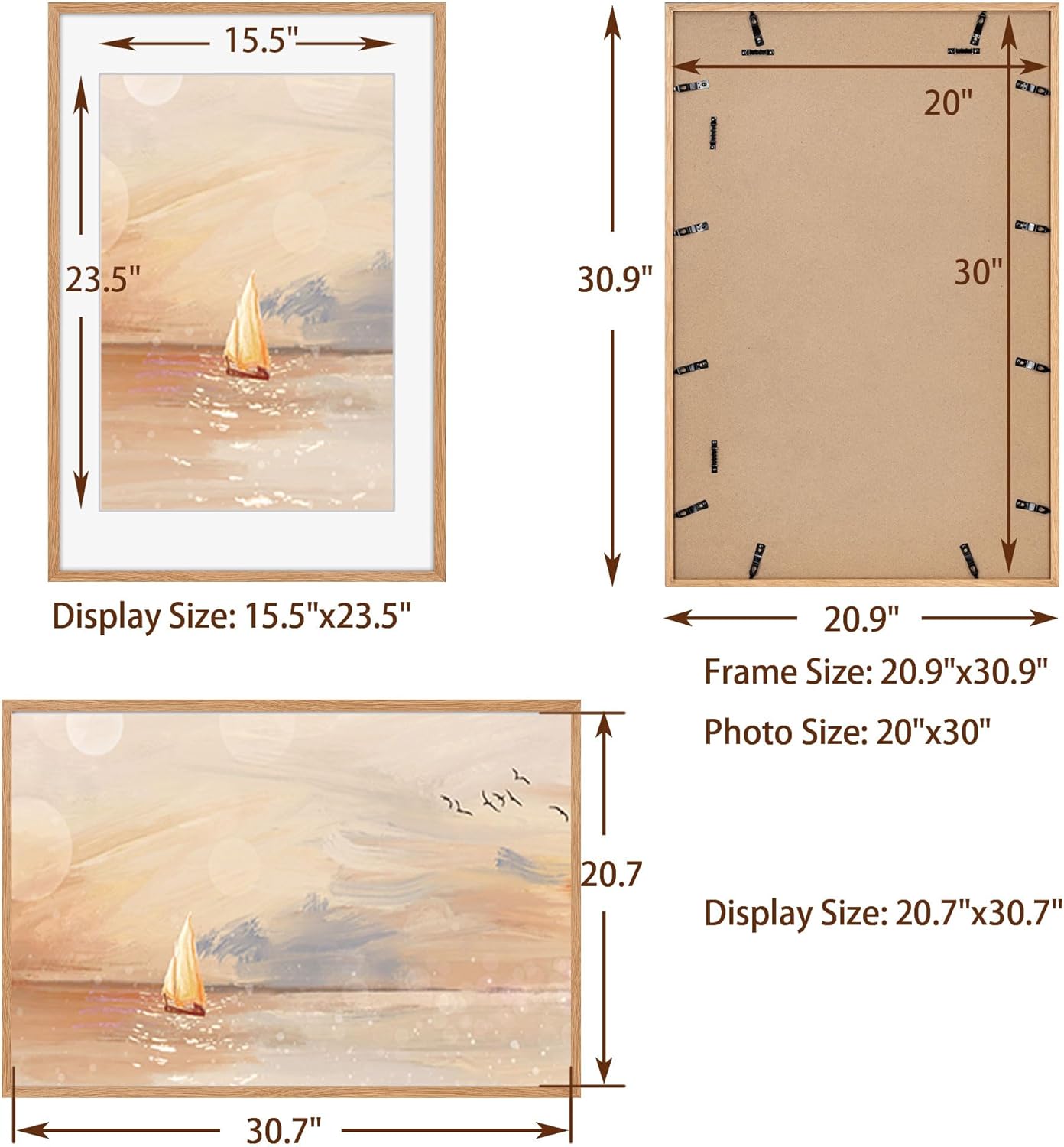 20x30 Picture Frame, Rustic Wood 20 x 30 Poster Frames for Wall, Oak Wood Picture Frames 20 by 30 with Real Glass, 20x30 Frame Matted for 16x24, Large Wooden Photo Frame 20x30 Inch, Oak Color, 1 Pack