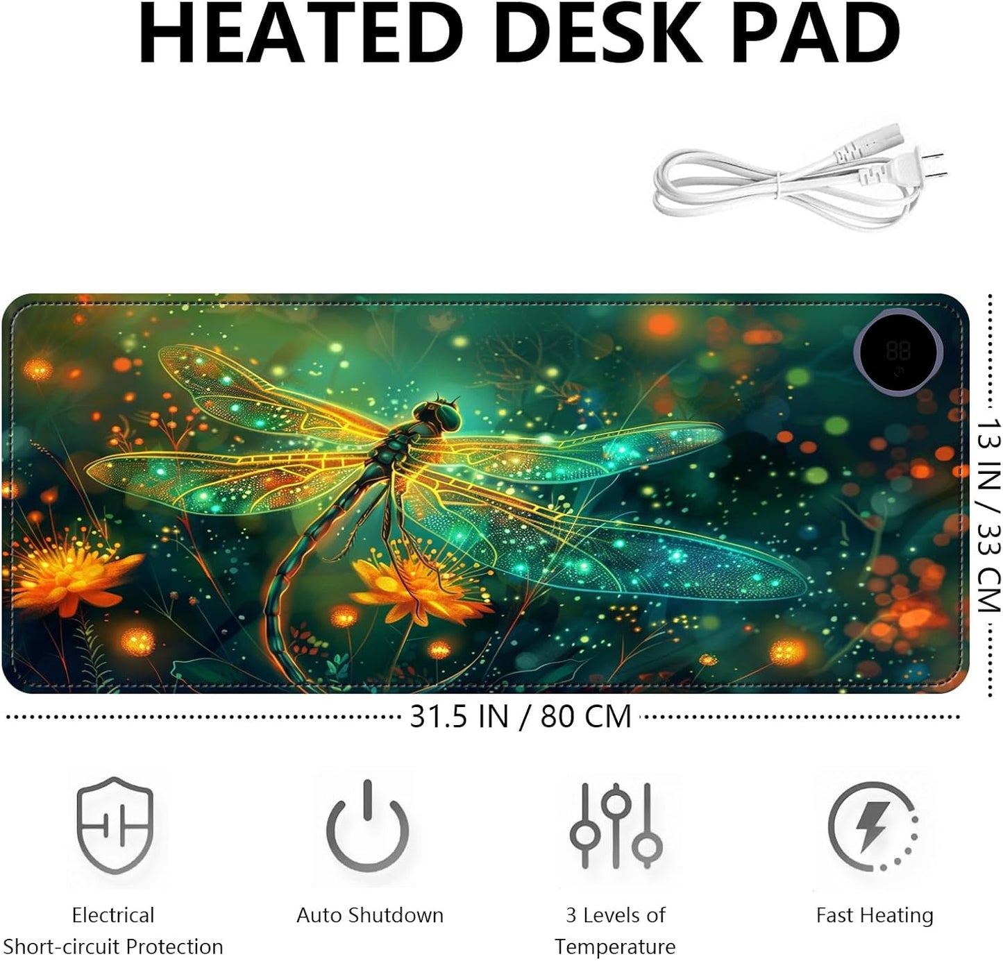Heated Mouse Pad with 3 Levels Heated & 3 Hours Auto Shut-Off Mouse Pad for Warming Hands in Office Home, 31.5" x 13"Large Safe Desk Mat Hand Warmer，Glowing Dragonfly
