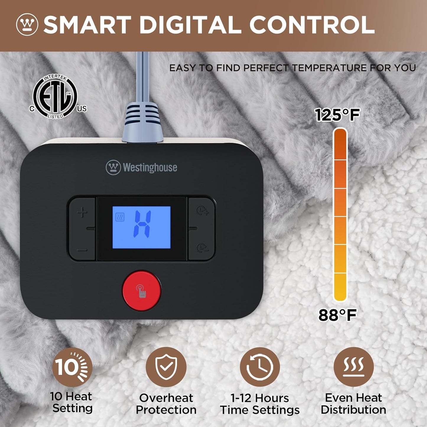Westinghouse Electric Blanket Queen Size, Soft Luxury Faux Fur & Sherpa Heated Blanket with 10 Heating Levels & 1-12 Hours Auto Off, Fast Heating Blanket, Machine Washable, 84x 90 Inch Light Grey