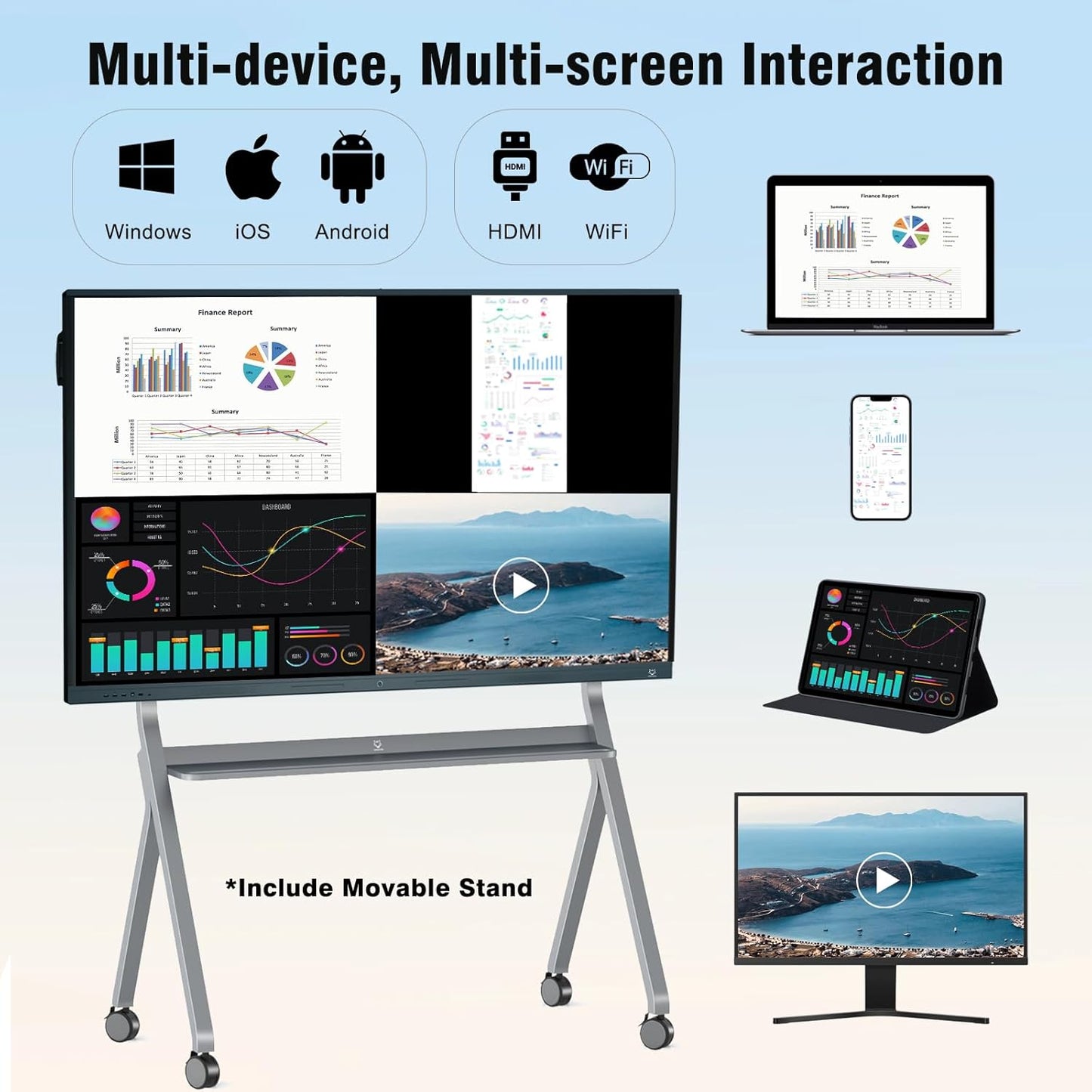 75'' Interactive Whiteboard, 4K Touchscreen Smart Whiteboard with Built-in Dual System Windows 11 Pro & Android 14.0, Smart Board for Classroom and Business(Board+Wall Mount+Movable Stand)