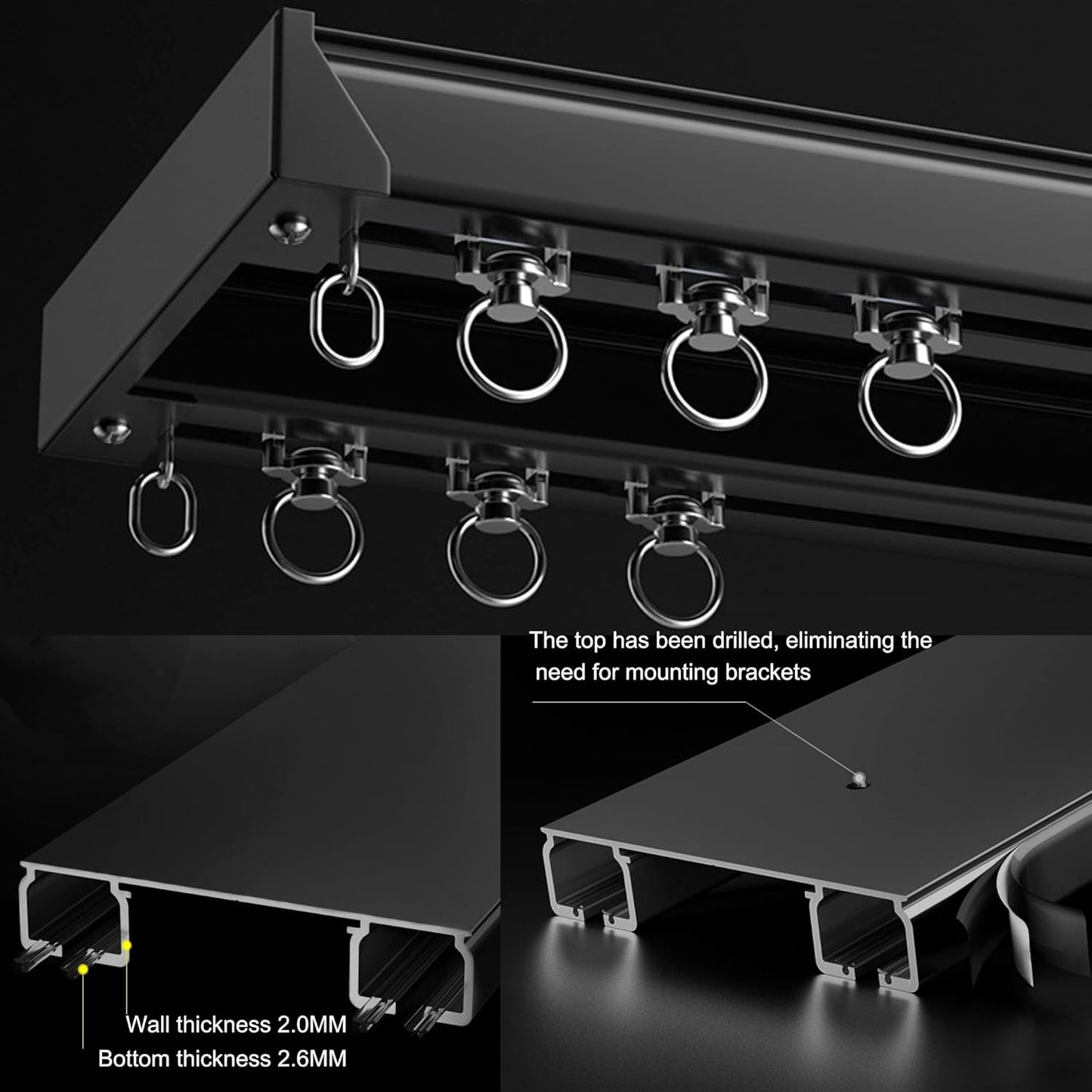 Ceiling Mounted Curtain Track System - Double Rails for Curtains & Drapes - Room Dividers - Sliding Curtain Rail for Window (balck, 2m)