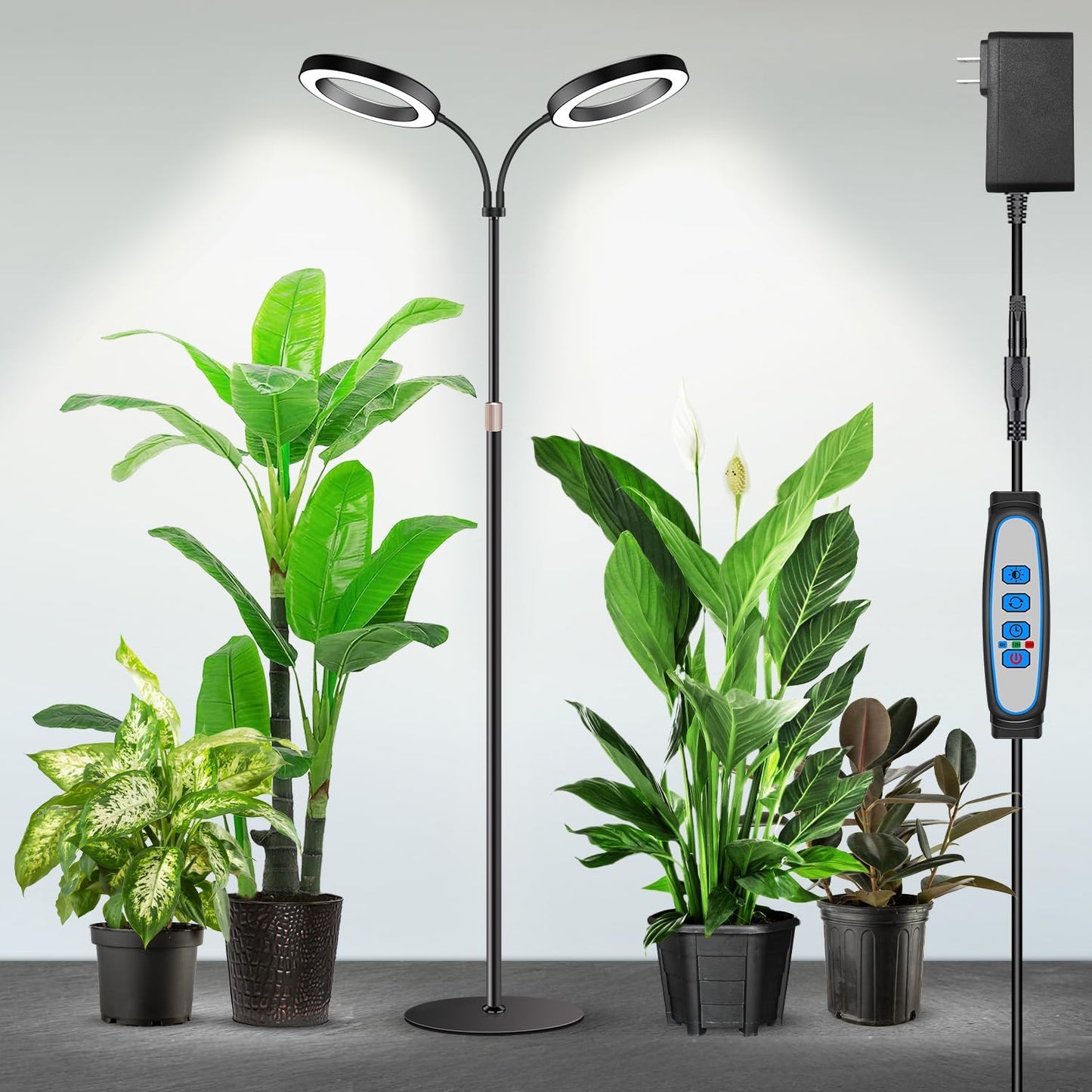 Garpsen Halo Grow Lights, Dual-Head Full Spectrum LED Plant Lights for Indoor Growing with Stand, 3 Color Modes Grow Lamp with Timer 6/12/16H, 5 Dimmable Levels, 168 LEDs and 67''Height Adjustable