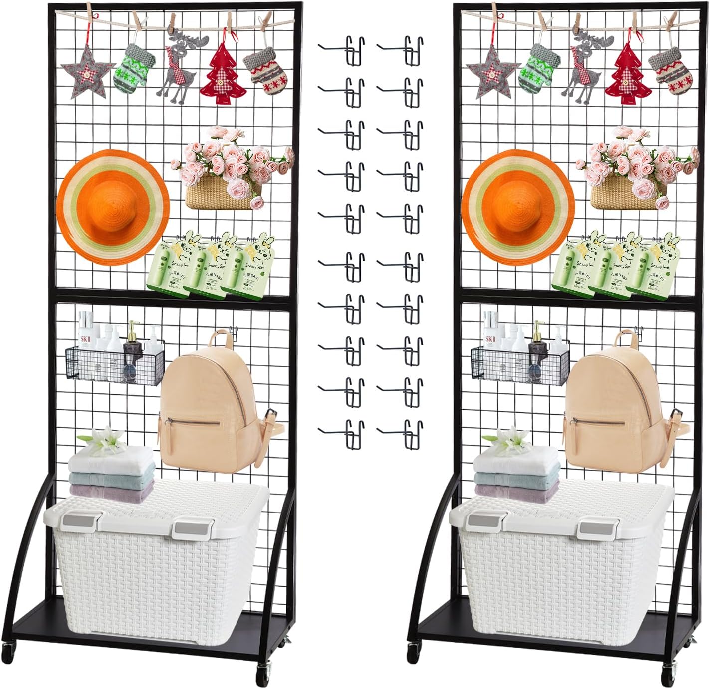 Eastern Tree Grid Wall Panels, Black Gridwall Panels Stand with Base Plate, Wire Grid Wall Panel Display with Wheels, Craft Show Display Rack, Retail Display with 20 Pieces Hooks, 2 Packs 2.5'x 6'