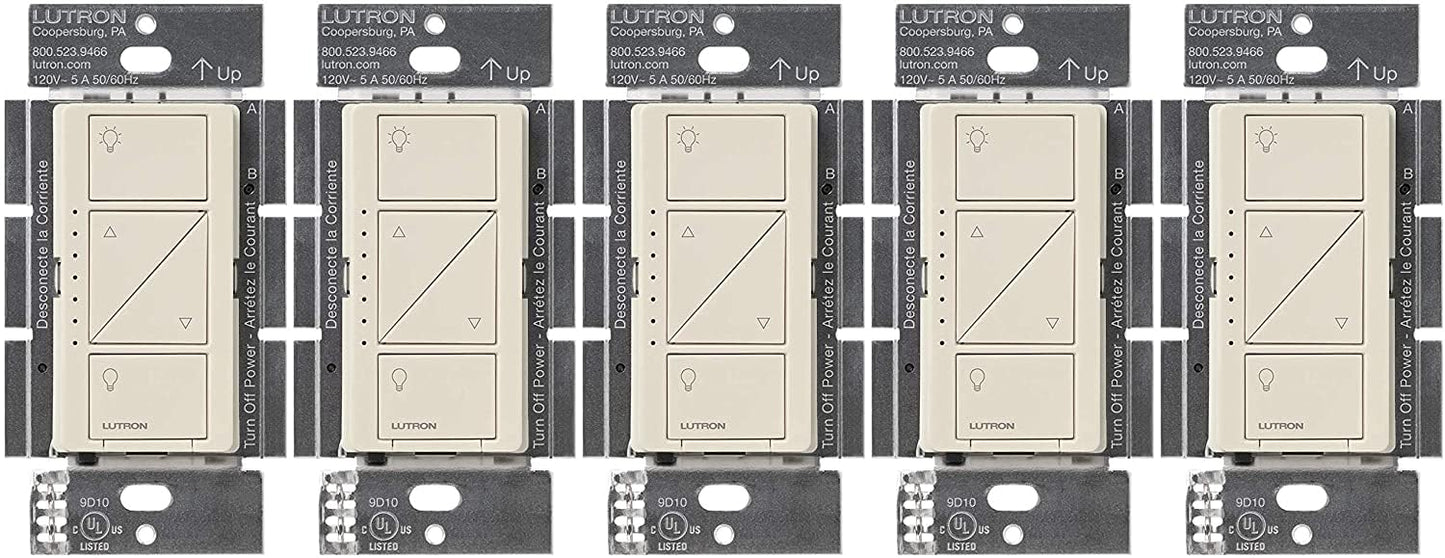 Lutron Caseta Original Smart Dimmer Switch (Lutron Smart Hub Required), for LED Lights, 150 Watt, Single-Pole/3-Way, No Neutral Required, PD-6WCL-LA, Light Almond, 5 Pack