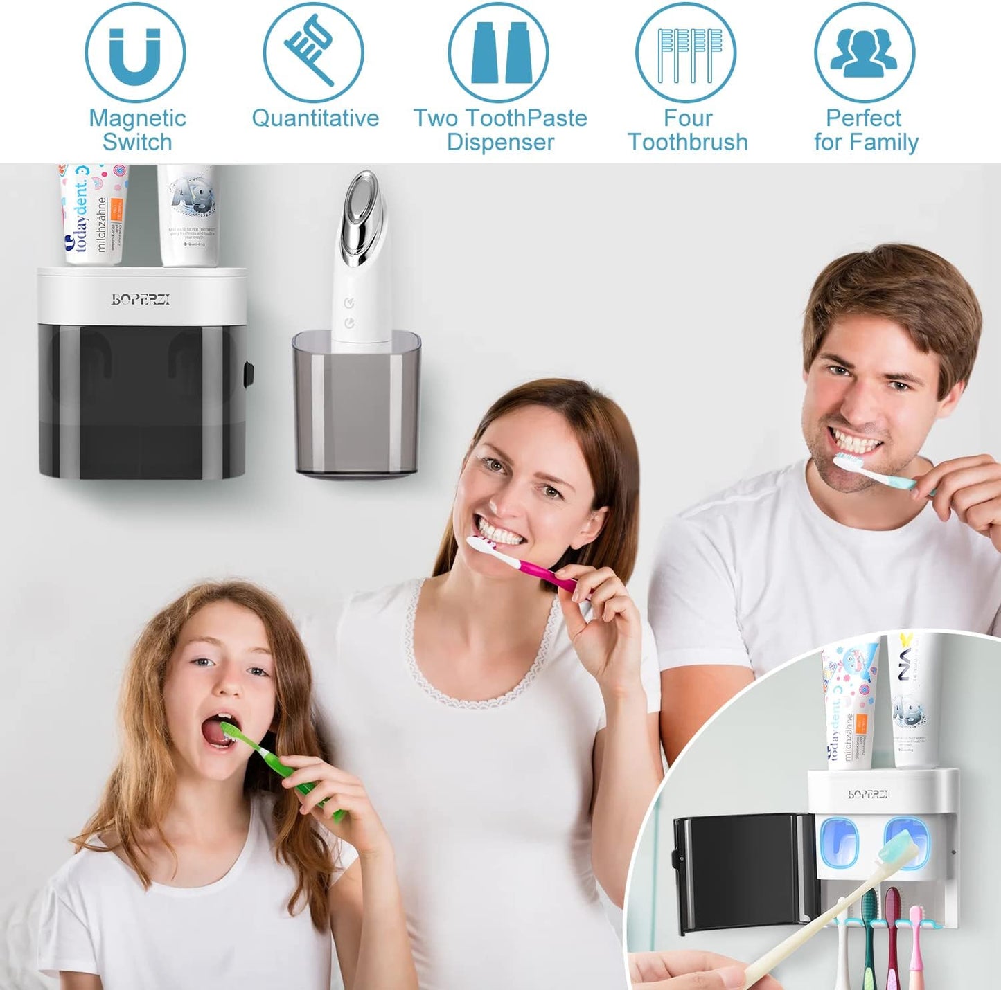 Boperzi Bathroom Razor Storage Holder and Toothpaste Dispenser Wall Mounted with Dustproof Cover, Black Toothbrush Holder Set for Mirror Shower with 2 Toothpaste Squeezers(No Electric, No Light)