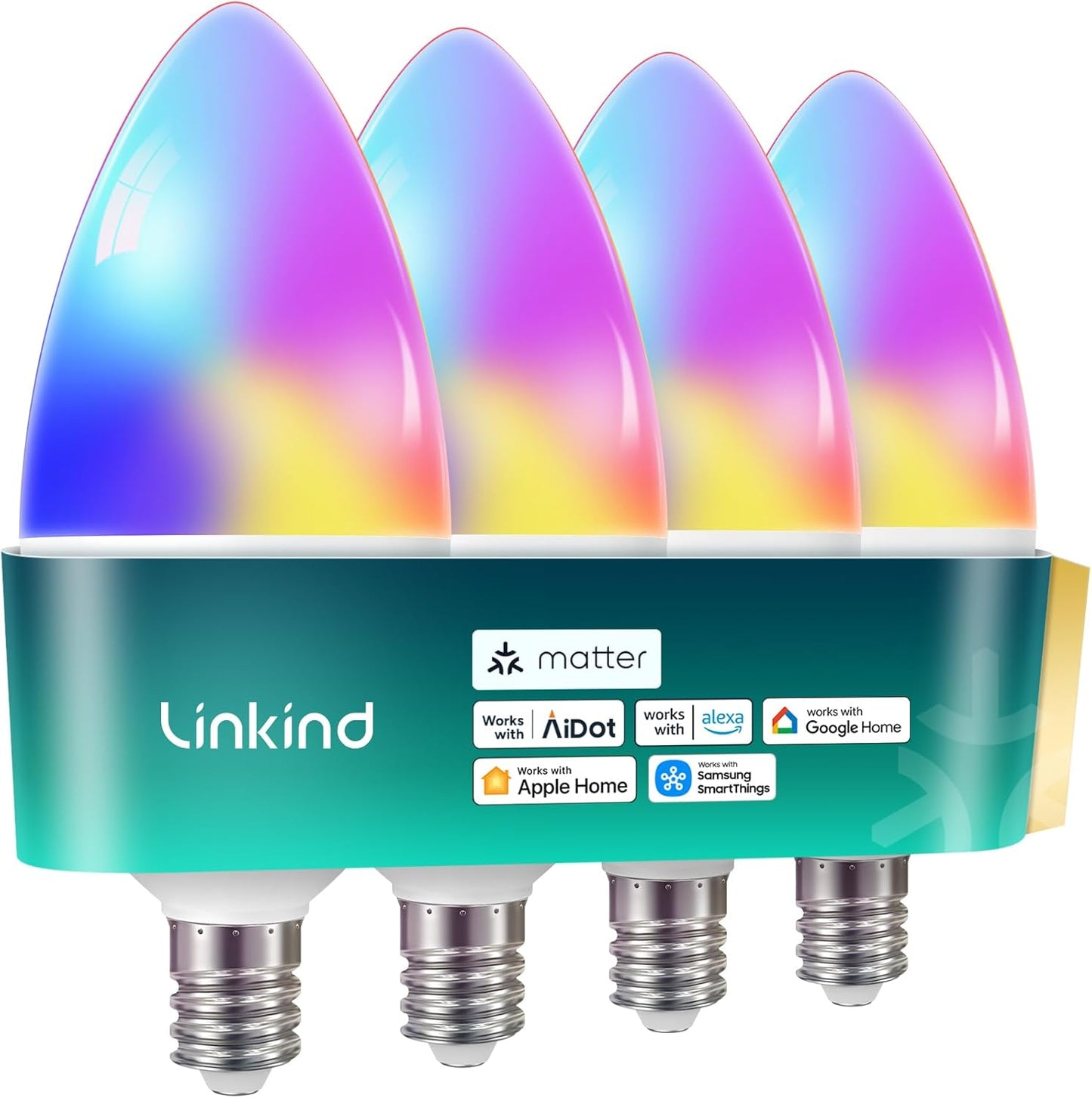 Linkind Matter Smart Bulbs, E12 Led Bulb Works with Alexa/Apple Home/Google Home, Smart Light Bulbs, WiFi Candelabra B11 Bulbs, RGBTW Color Changing Light Bulb, 2.4Ghz WiFi Bulb, 470 LM 4 Pack