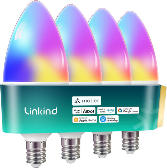 Linkind Matter Smart Bulbs, E12 Led Bulb Works with Alexa/Apple Home/Google Home, Smart Light Bulbs, WiFi Candelabra B11 Bulbs, RGBTW Color Changing Light Bulb, 2.4Ghz WiFi Bulb, 470 LM 4 Pack