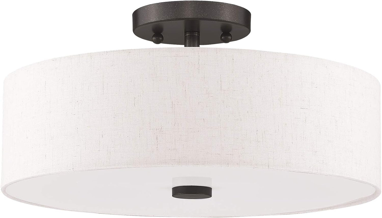 Livex Lighting 52135-92 Meridian Collection 3-Light Semi Flush Mount Ceiling Fixture with Oatmeal Color Fabric Hardback Drum Shade and Satin White Diffuser, English Bronze