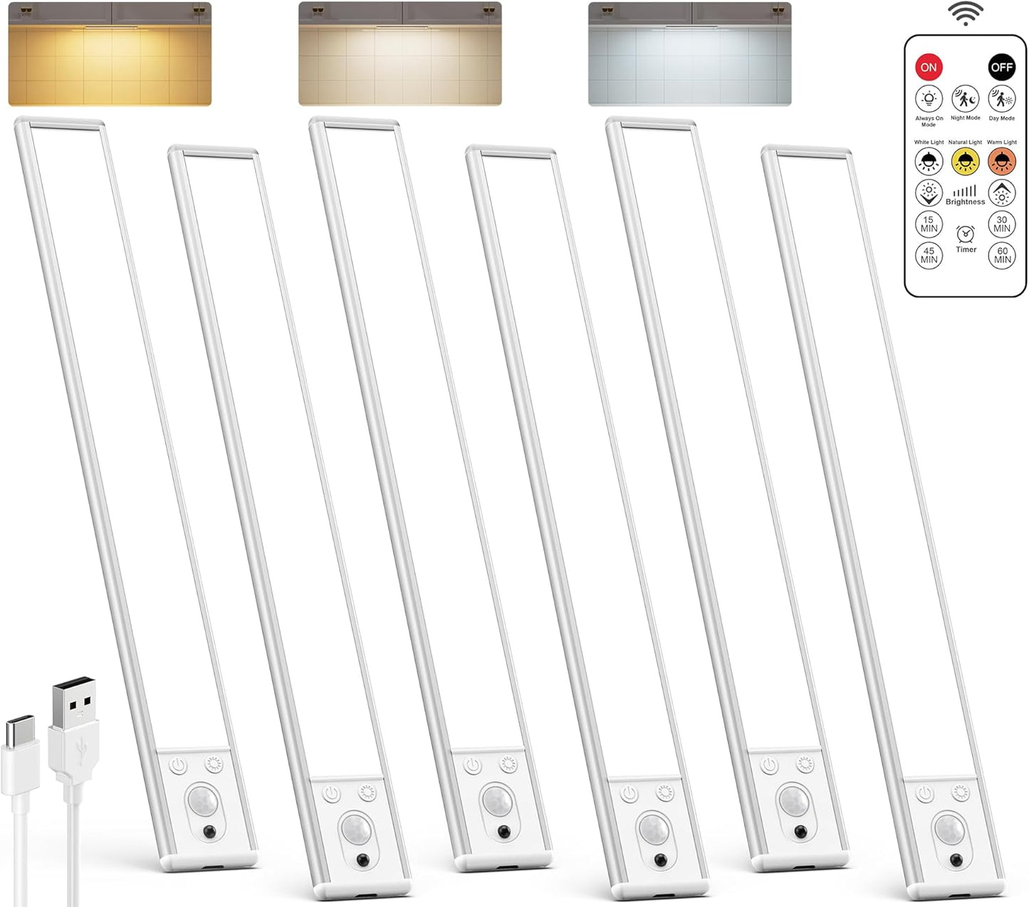 Under Cabinet Lighting Wireless, Rechargeable 62 LED Motion Sensor Light Indoor, 3 Color Temps Closet Lights with Remote Control, Dimmable Magnetic Under Counter Lights for Kitchen, Stairs, 6 Pack