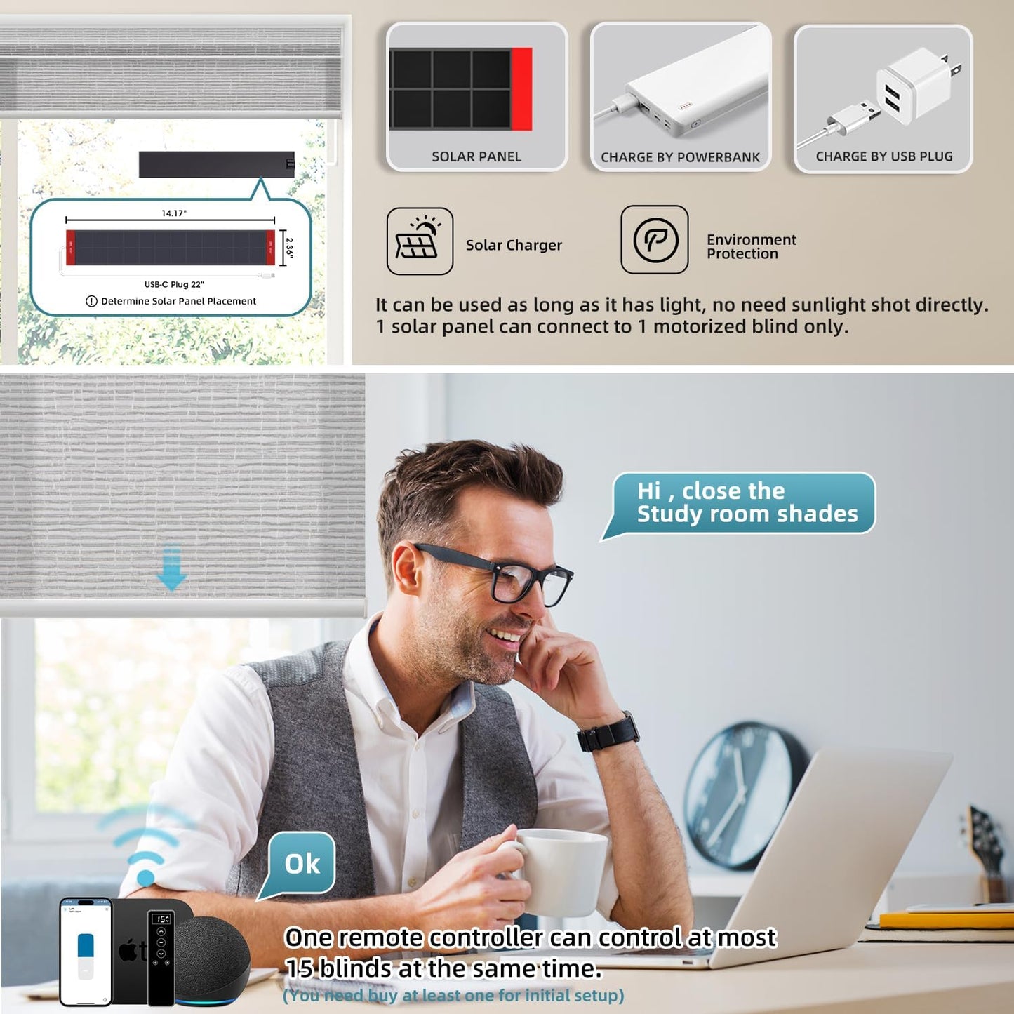 SmartWings Motorized Light Filtering Shades, 70% Blackout, Custom Size, Rechargeable Battery, Works with Matter/Apple HomeKit, Alexa, Thread/Zigbee, Remote Optional, 70% Safari Smoke